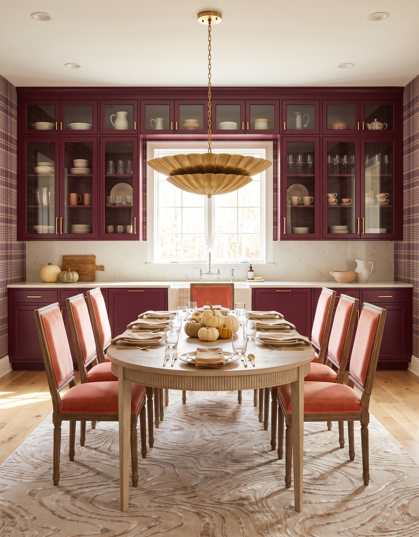 AI-created concept: Berry kitchen with plum plaid, coral chairs and a pale oval table set for an autumn gathering.