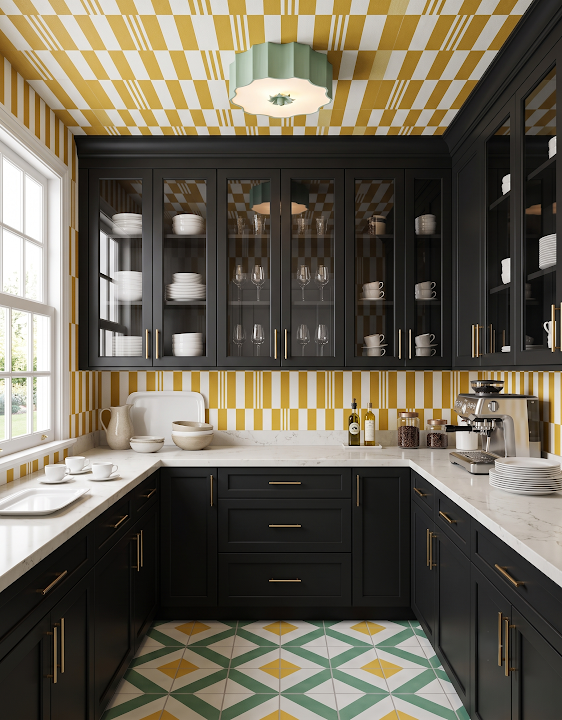 Concept image of a dark cabinet pantry with glass-front uppers, pale counters, gold checkerboard pattern, and a colorful floor.