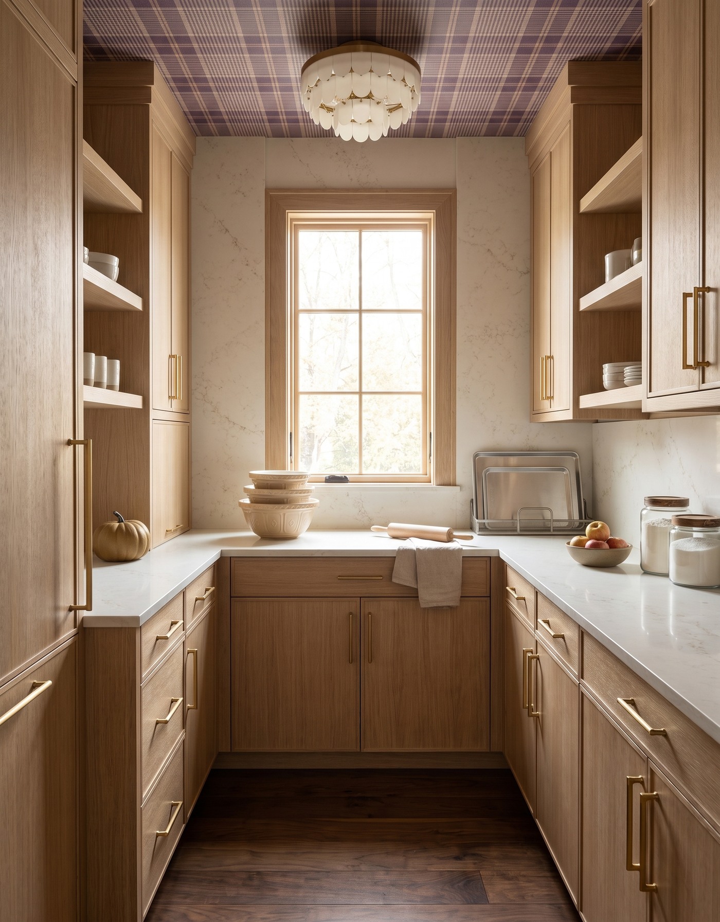 AI-created concept: Natural-oak pantry with plum plaid ceiling, cream mixing bowls, upright baking trays and dark wood flooring.