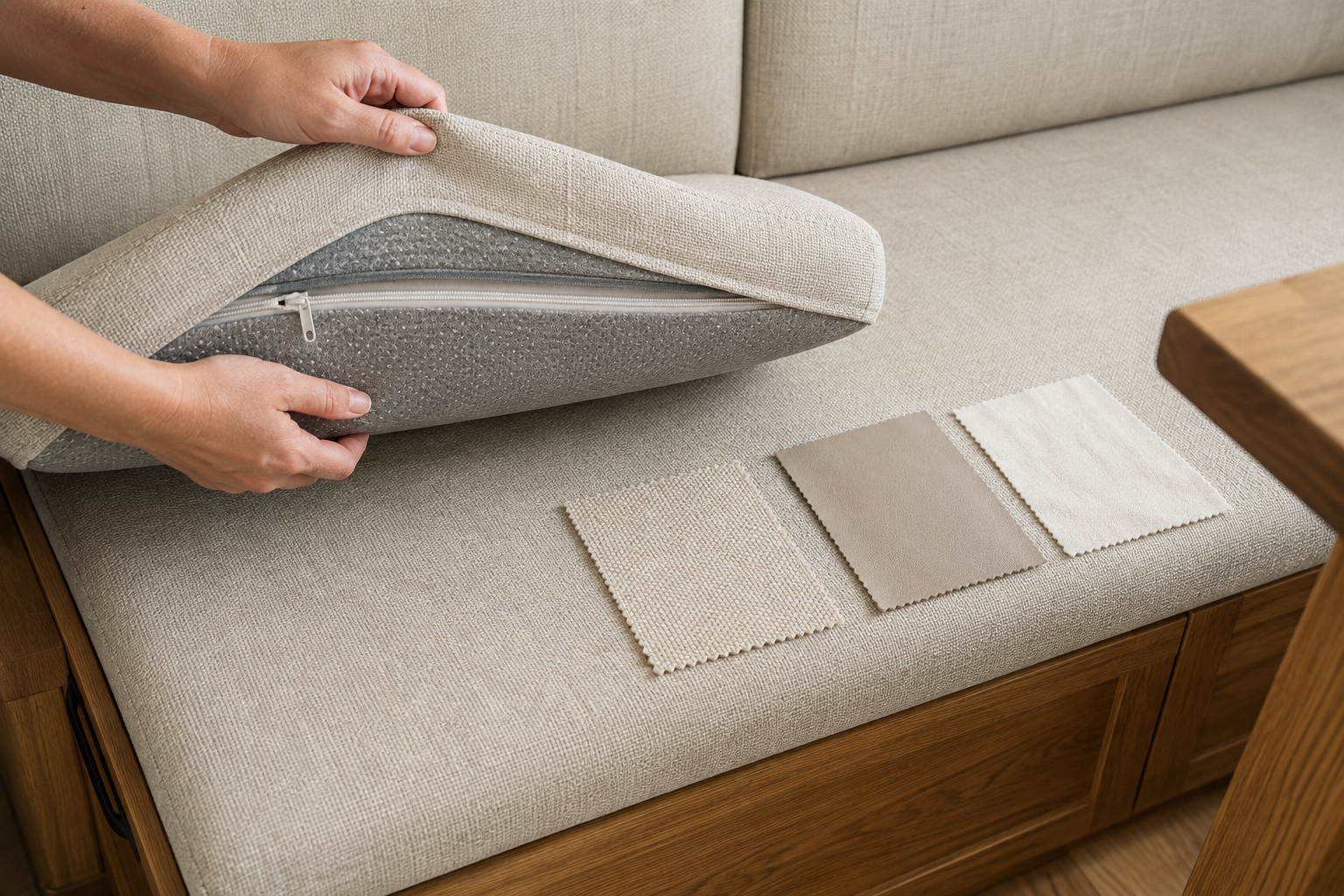Hands lift a zippered removable banquette cushion beside durable neutral fabric and faux-leather samples.