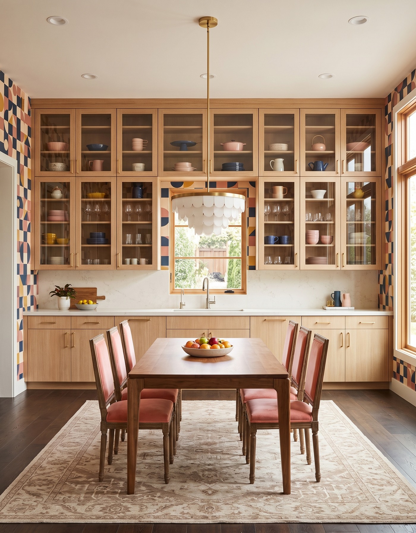 AI-created concept: Natural-oak kitchen with geometric wallpaper, coral dining chairs, a rectangular wood table and dark flooring.