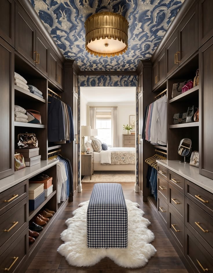 Dark wood closet cabinetry with a patterned blue ceiling and bright central lighting.