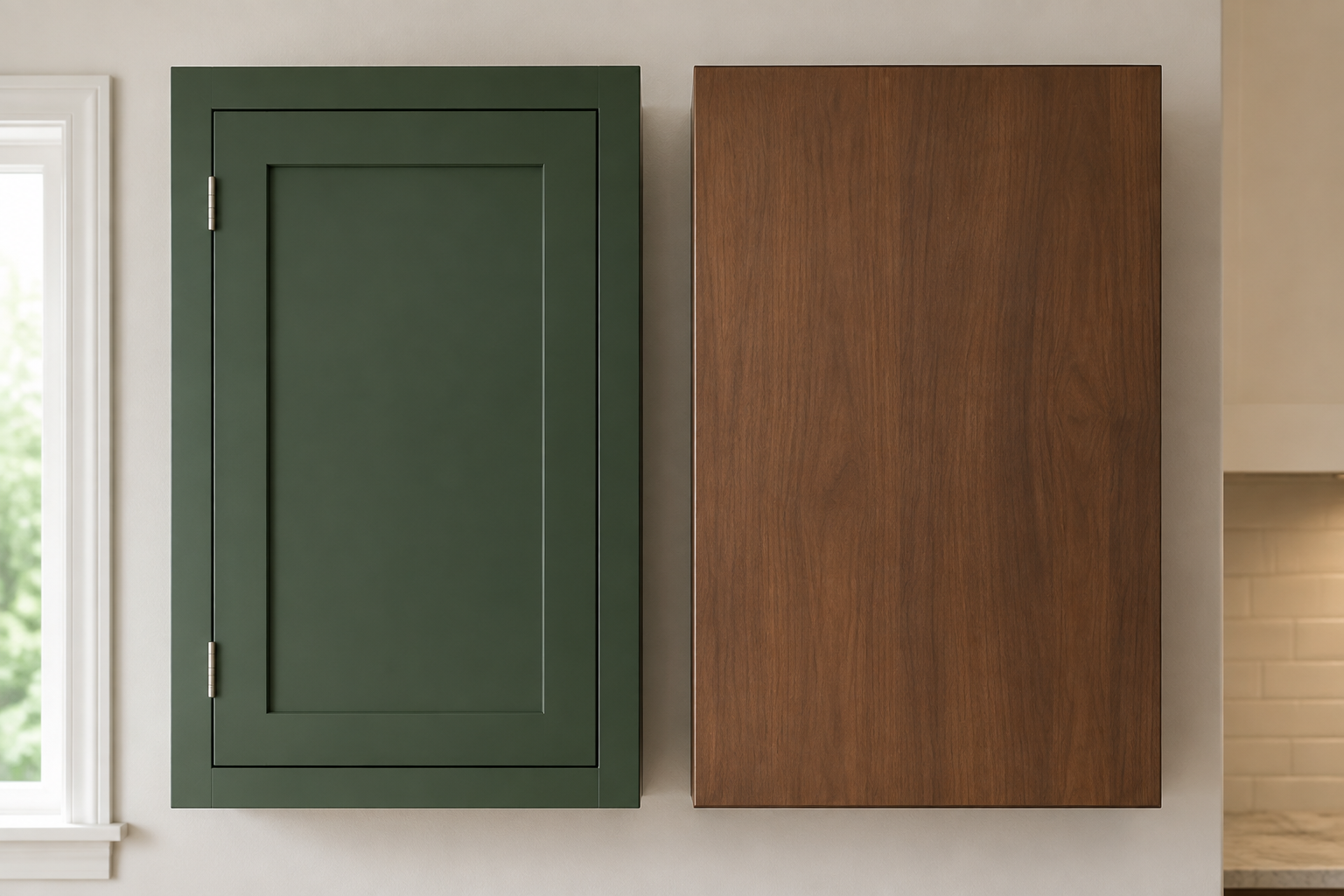 Two complete wall cabinet samples show a green door flush inside a face frame and a walnut slab door covering the frameless box front.