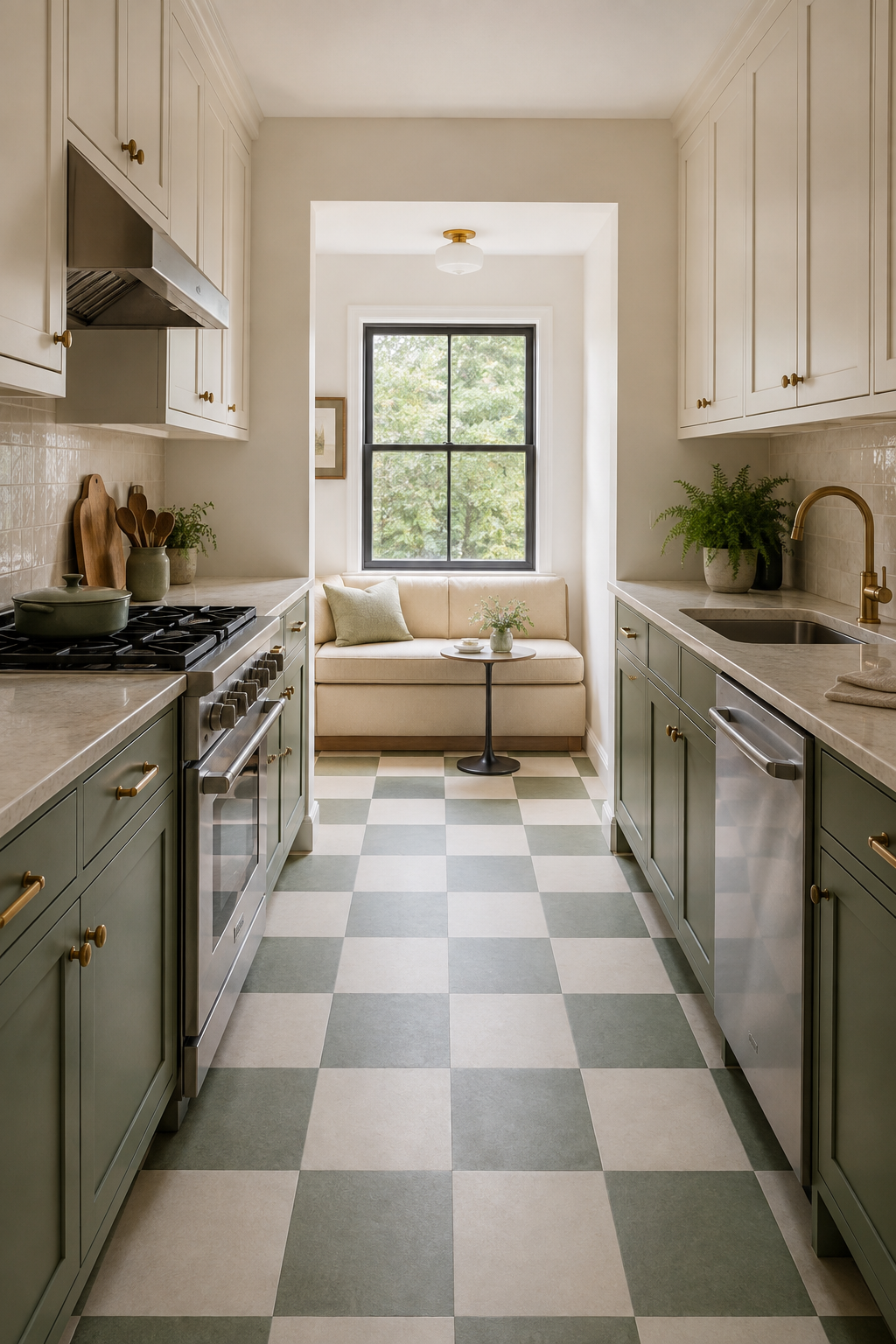A sage-green galley with a checked floor, vented range, clear work aisle, and an upholstered bench beyond the cabinet runs.