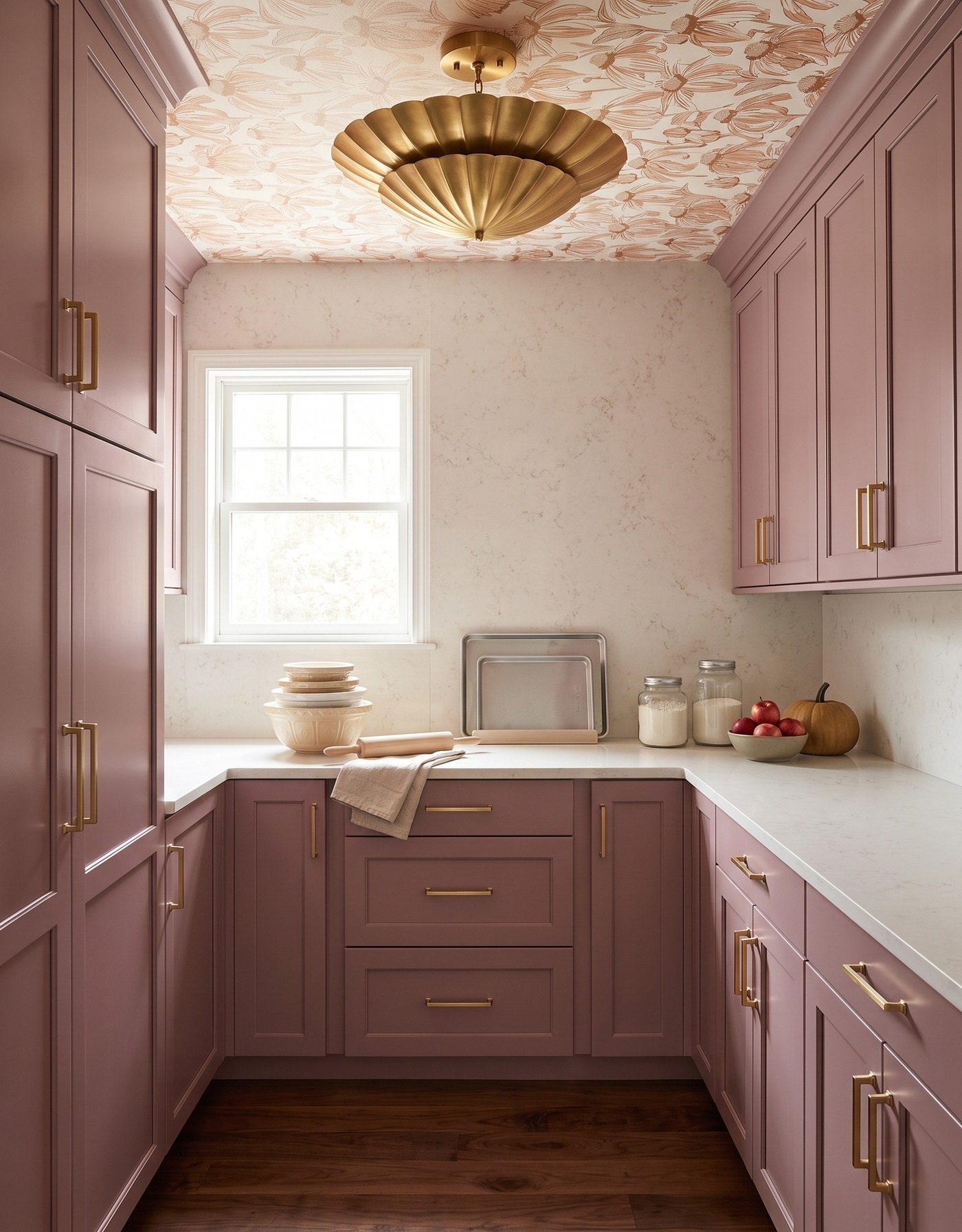 AI-created concept: Mauve pantry under a warm botanical ceiling, with cream bowls, upright trays, jars and apples.