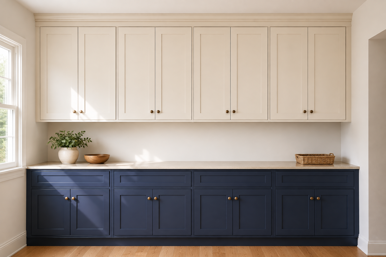 Level cream upper cabinets finished to the ceiling with a continuous, buildable crown molding assembly.