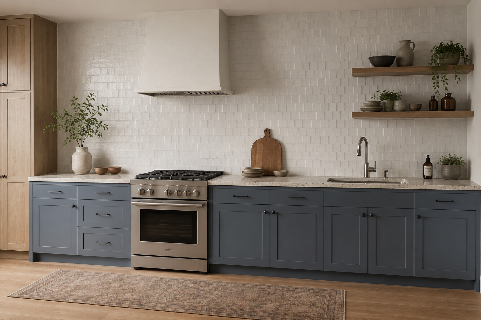 Complete straight kitchen elevation with a real freestanding range between supported countertop sections and a sink farther along the same run.