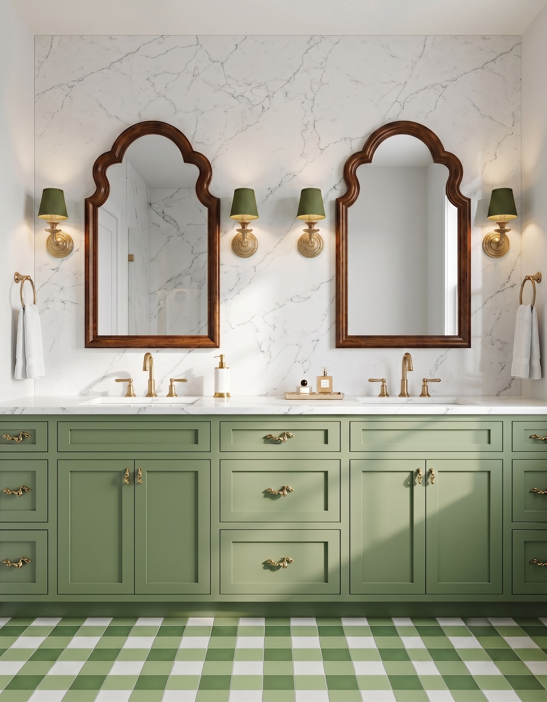 Sage green double vanity beneath a pale veined wall and shaped wood mirrors, with green-and-white checked flooring.