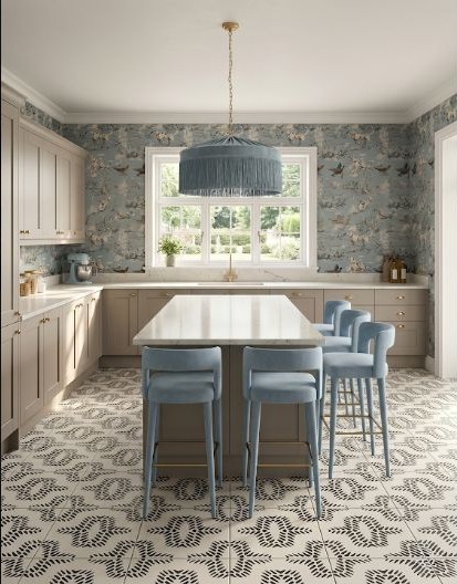 A quiet kitchen palette combining warm beige with powder blue.