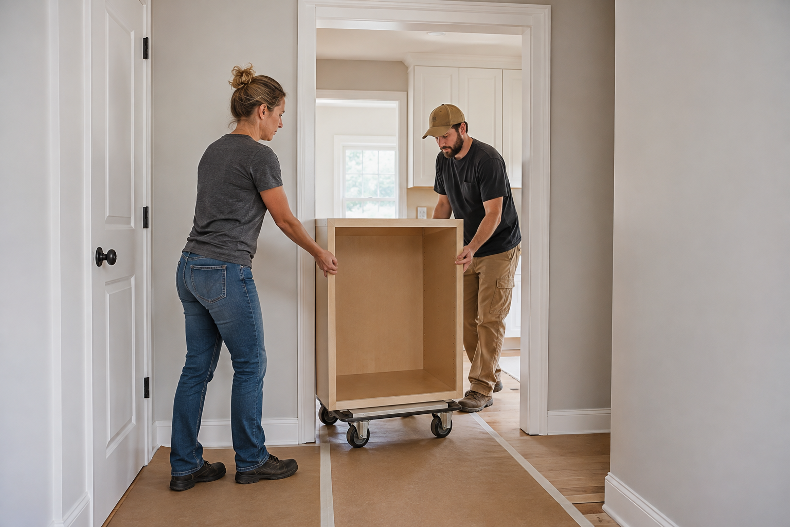 Two adults guiding one complete empty base cabinet upright on a furniture dolly through a doorway wider than the cabinet on a protected floor path.