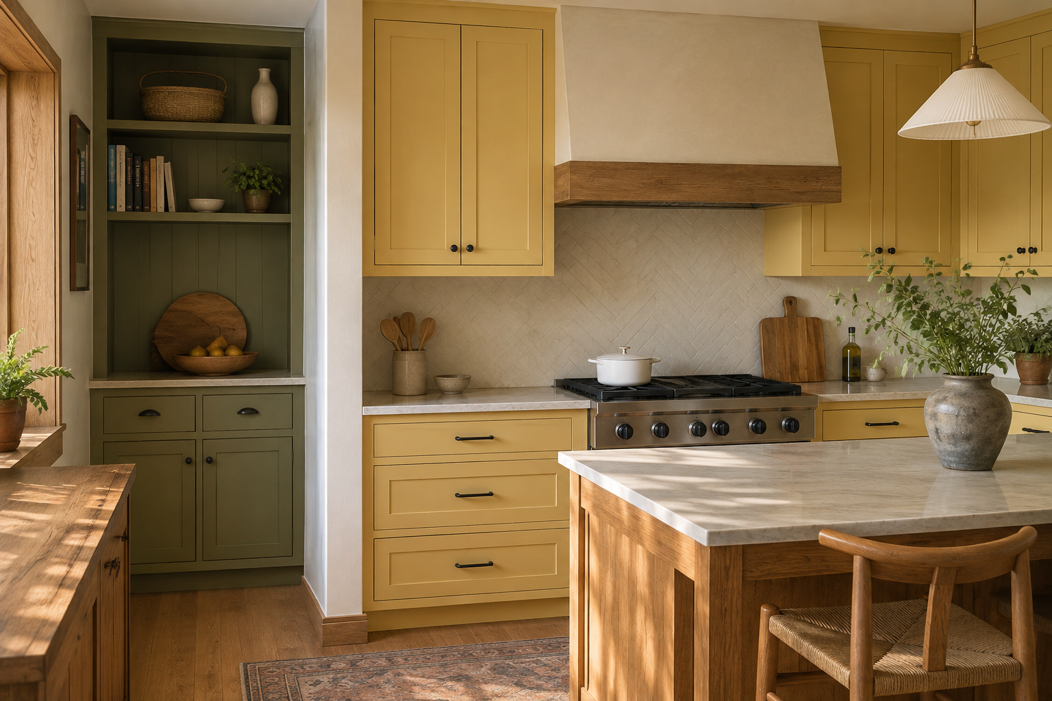 Yellow kitchen with one olive pantry cabinet run and natural oak connecting the palette.