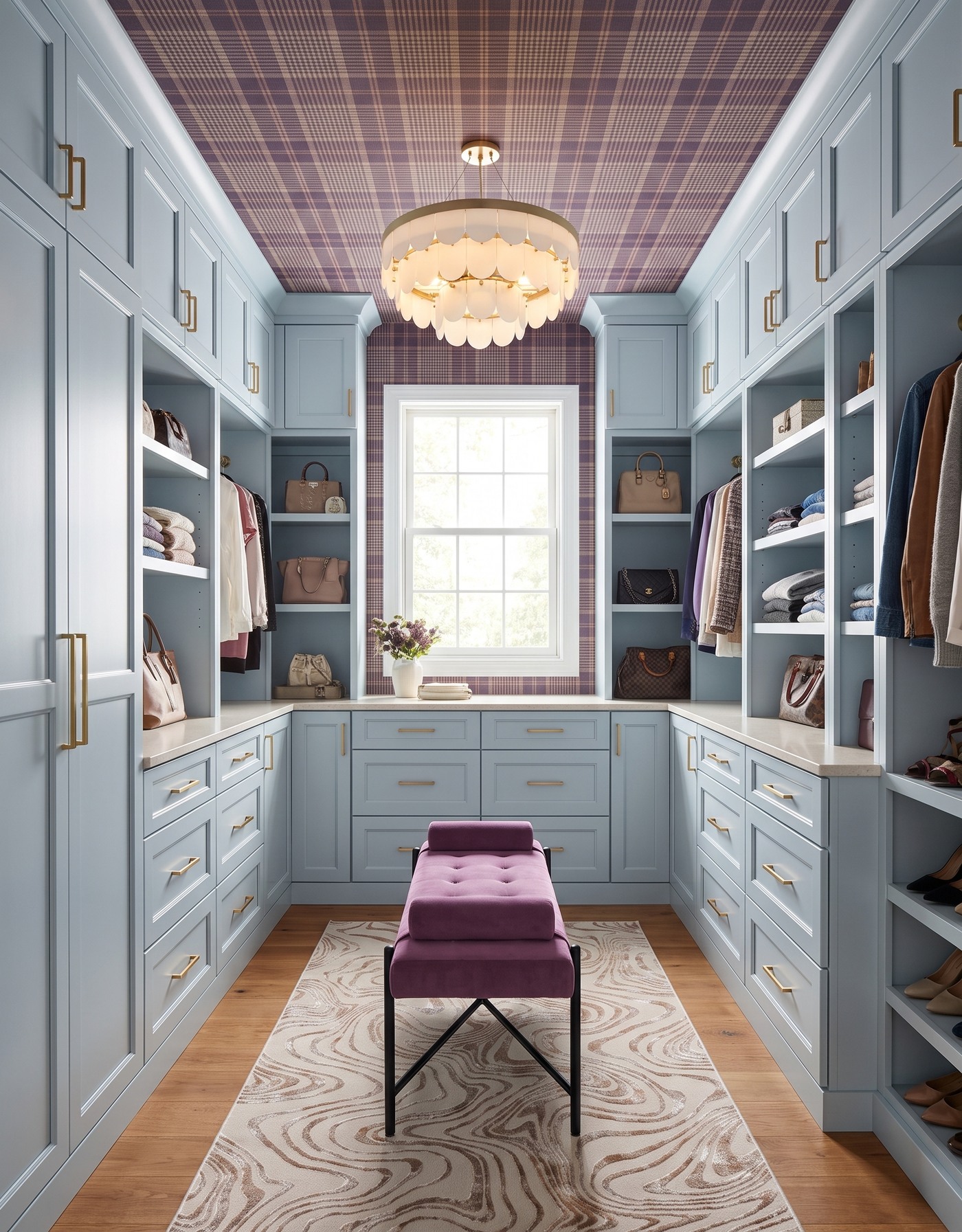 AI-created concept: Pale smoky-blue closet with plum plaid wallpaper overhead, a plum upholstered bench on a black frame and pale patterned rug.