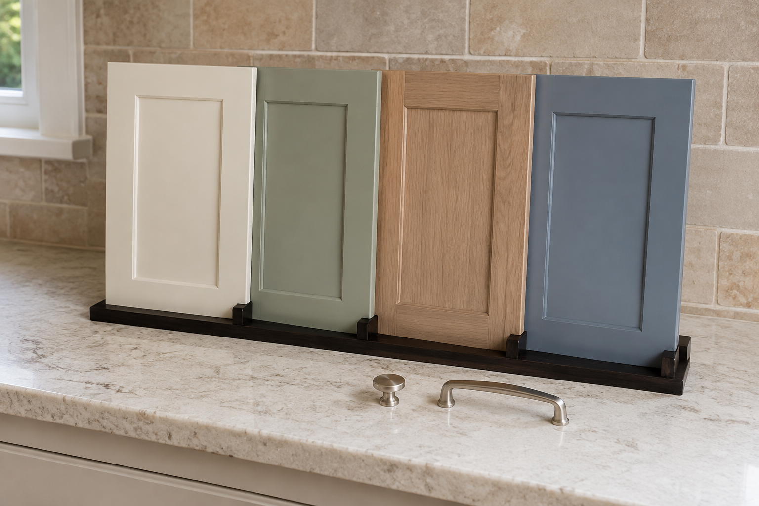 Four solid cabinet door samples displayed with separate hardware choices in warm natural daylight.