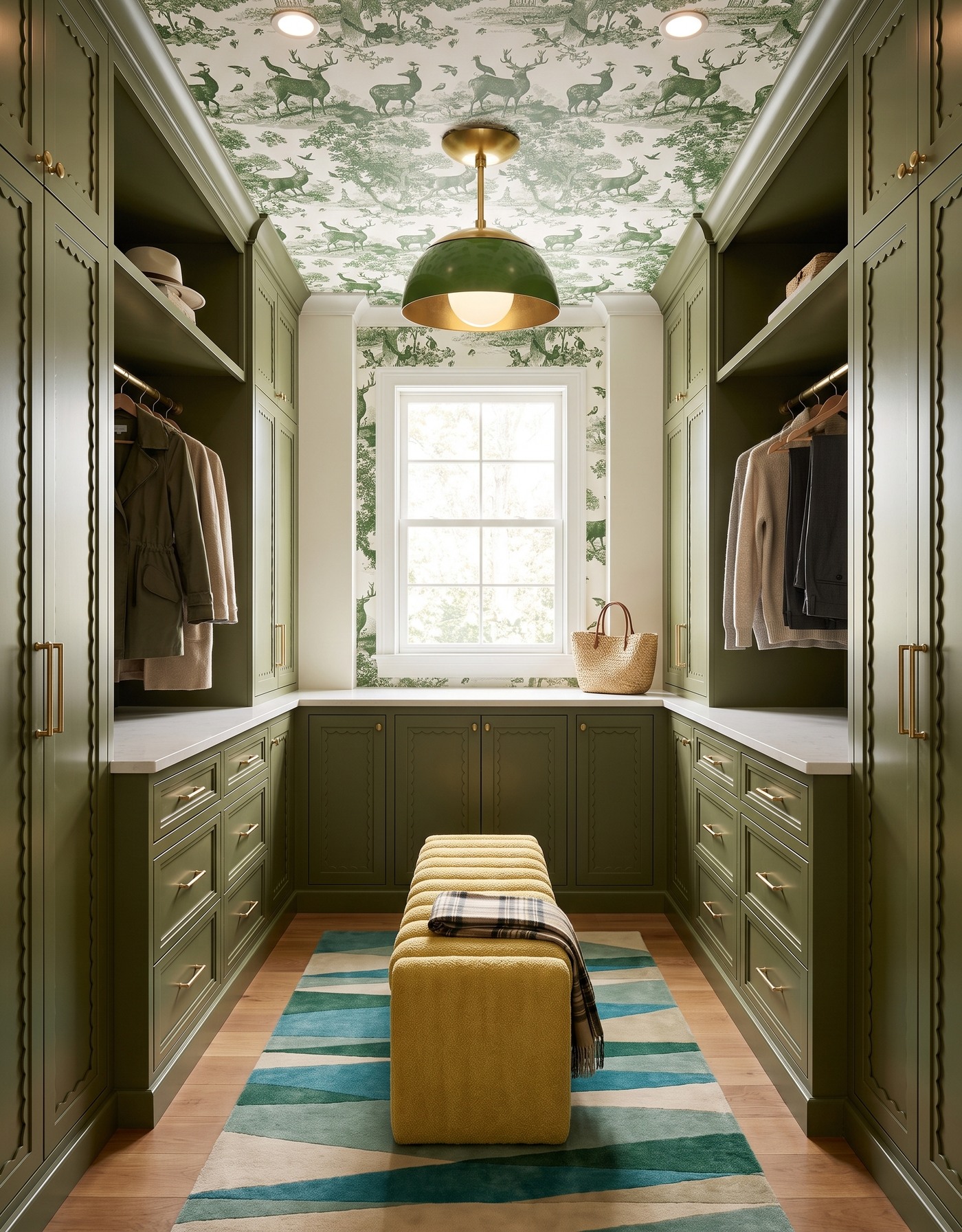 AI-created concept: Olive scalloped storage surrounds a mustard bench beneath green woodland toile.