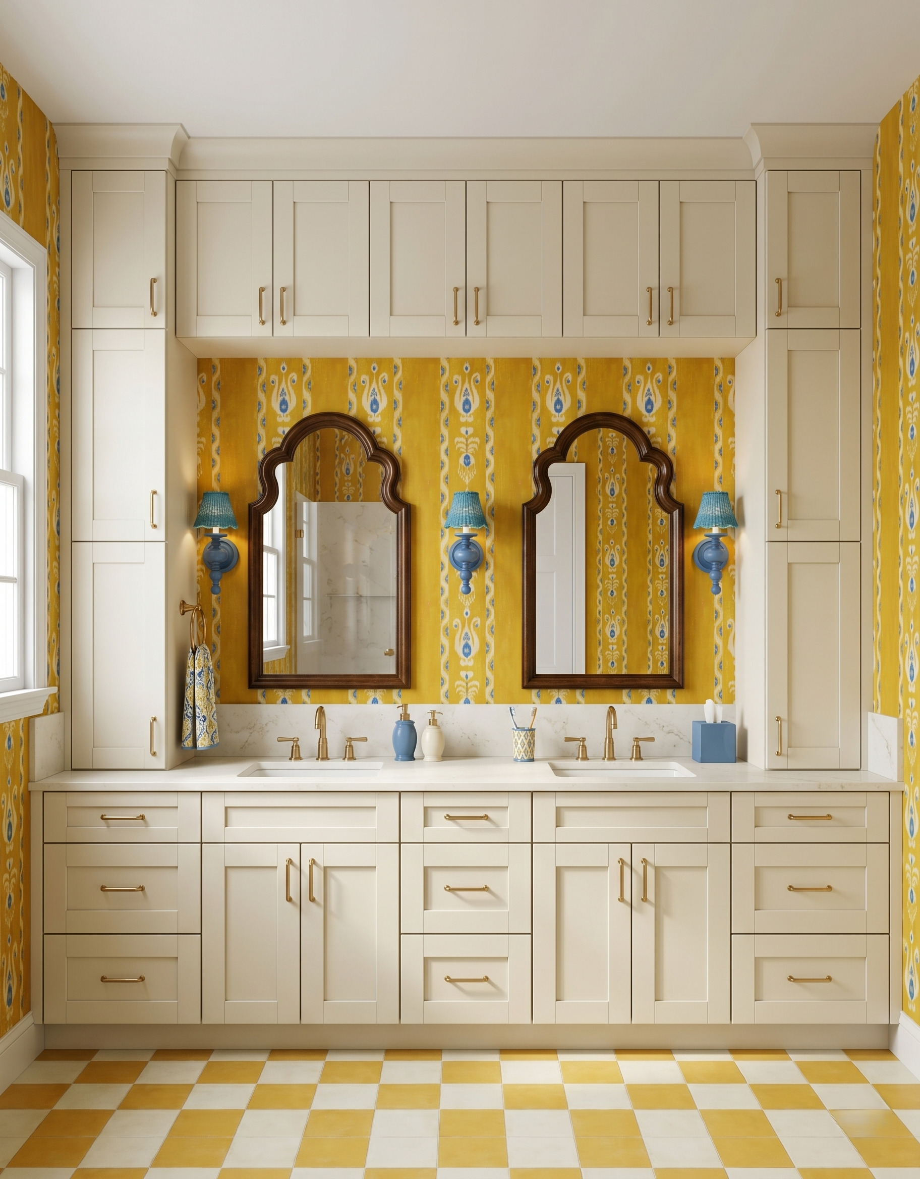 Dark wood arched mirrors within cream tall cabinetry and overhead cabinets, with yellow-and-blue wallpaper, blue sconces and a yellow checked floor.