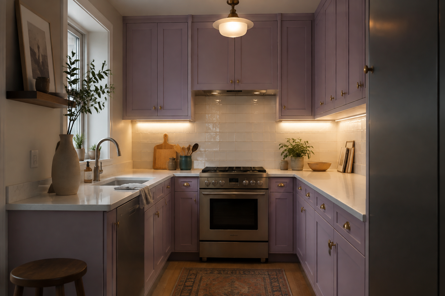 Compact lilac kitchen with light work surfaces and warm layered task lighting.