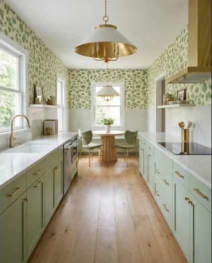 A sage-green kitchen using a playful animal pattern as a focused accent.
