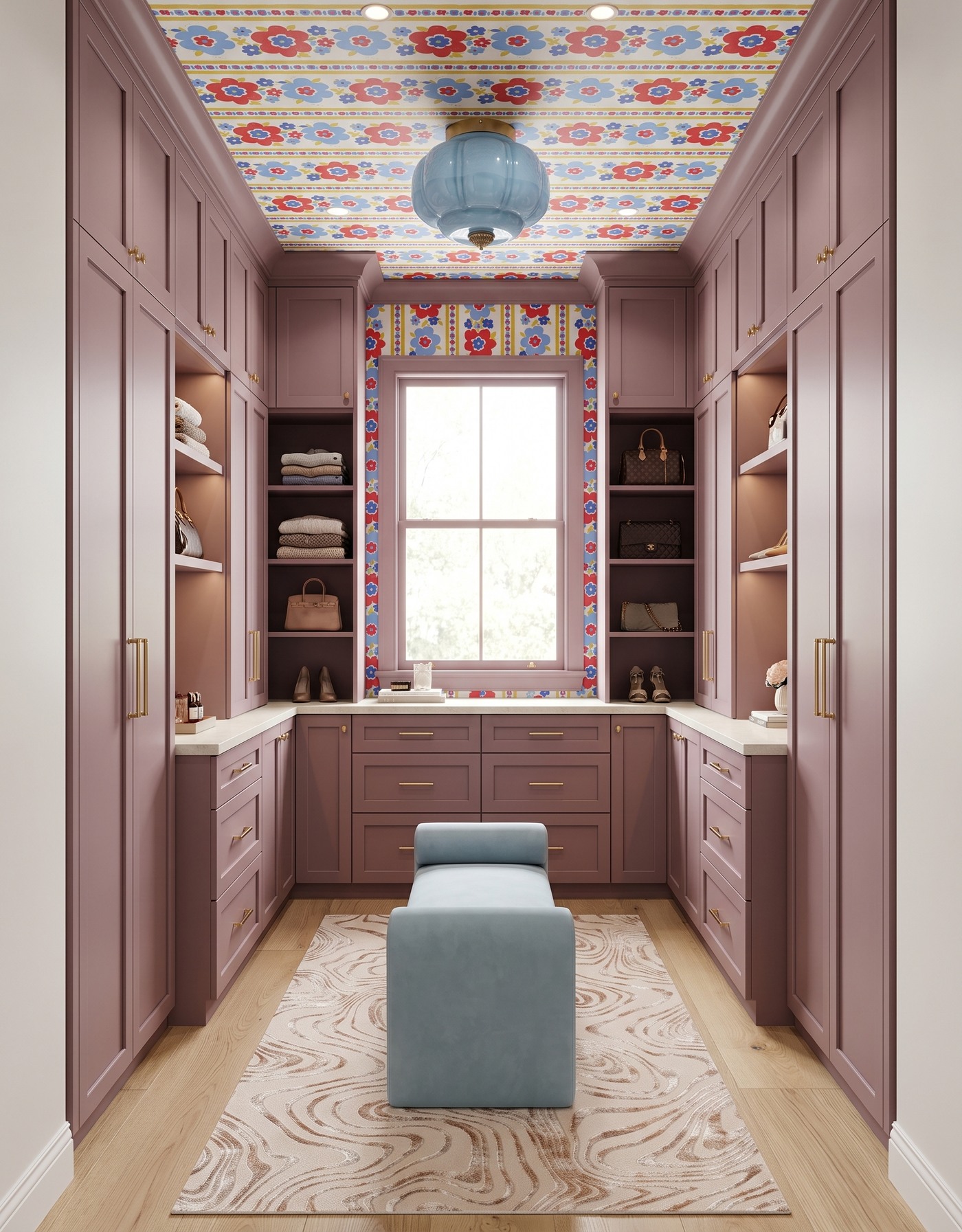 AI-created concept: Mauve walk-in closet with retro floral ceiling stripes, a pale-blue bench and a light patterned rug.