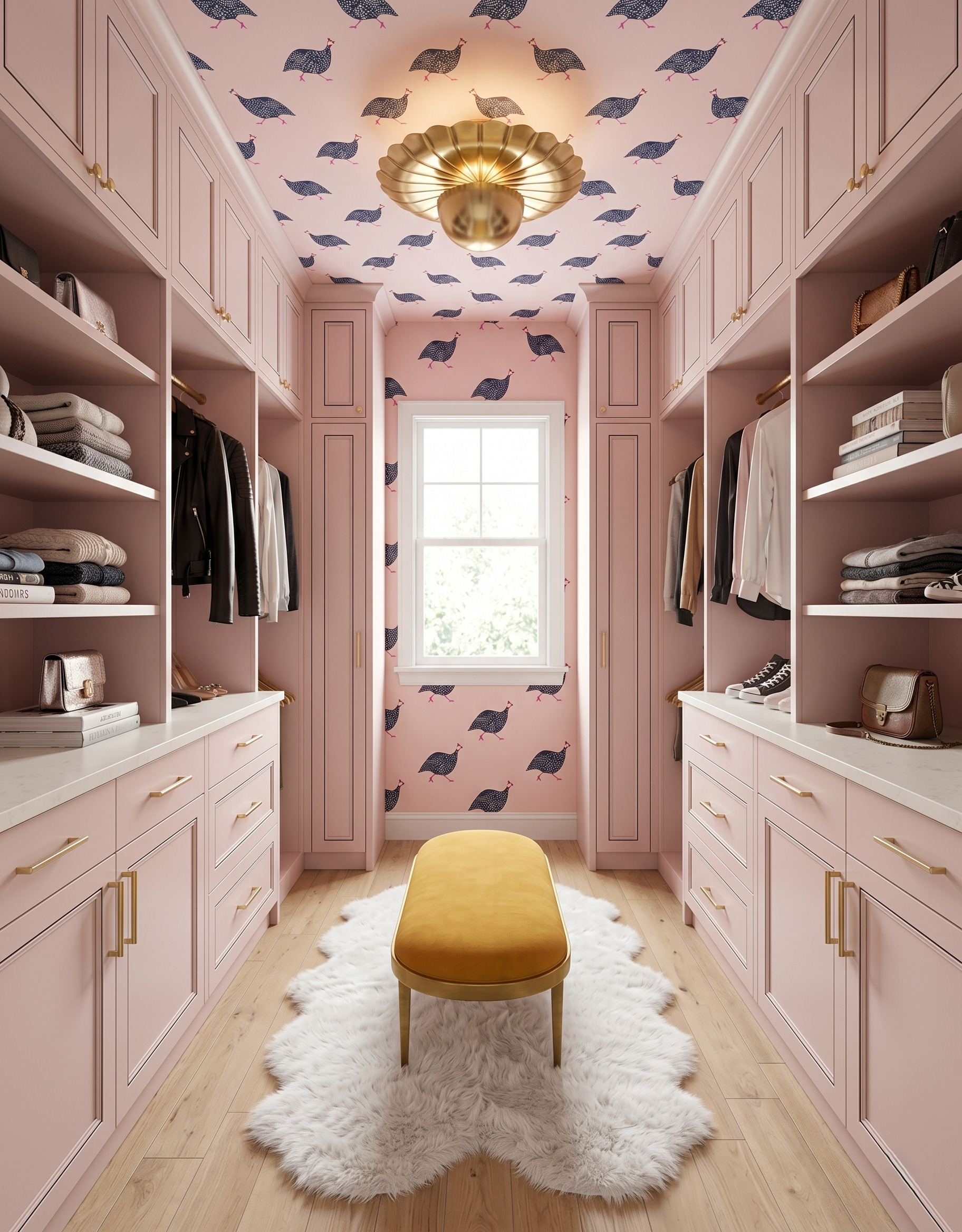 Mustard oval velvet bench on gold legs and a white shag rug between blush closet cabinets, beneath bird-patterned wallpaper.