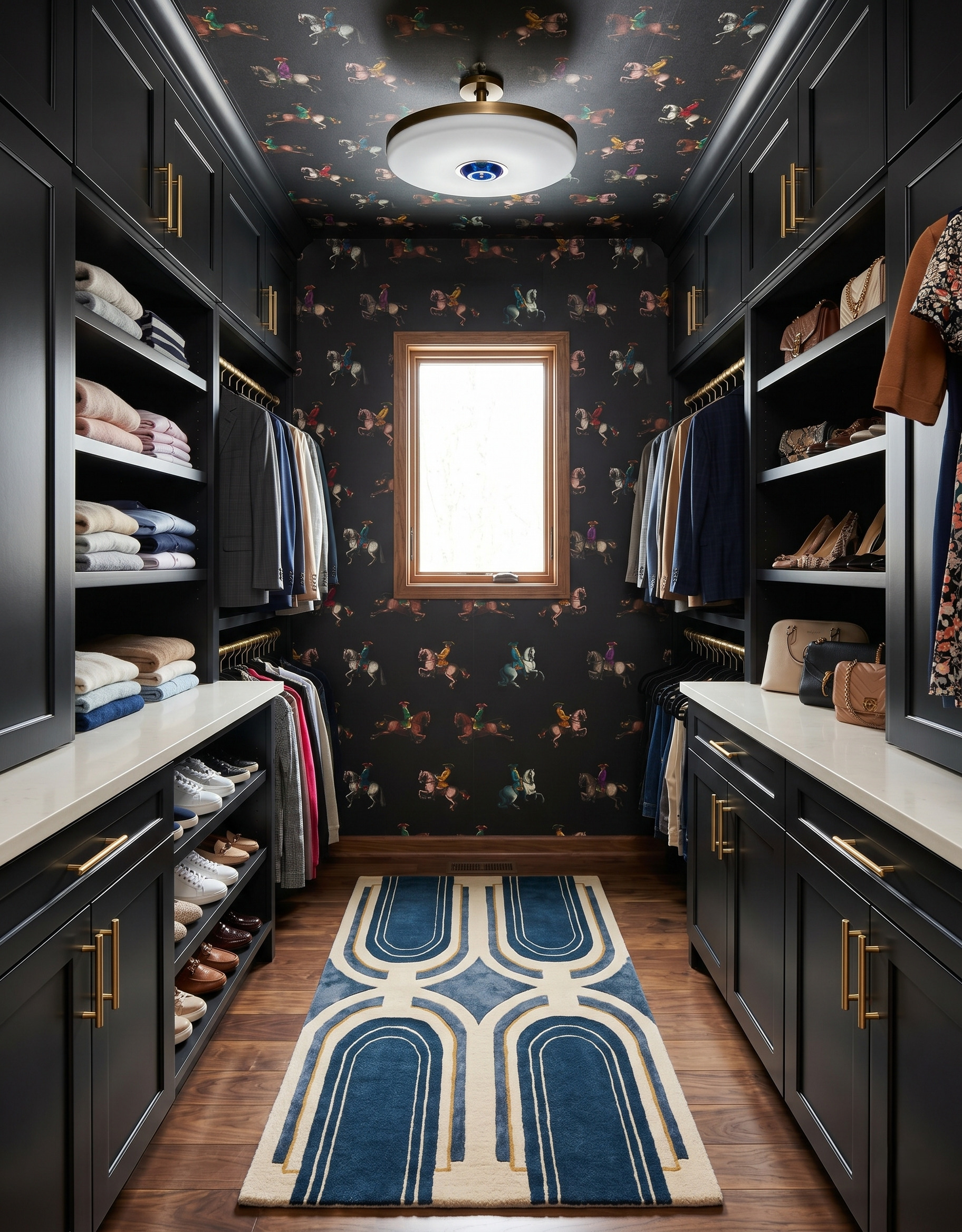 Blue-and-cream arc-patterned runner in a navy closet with a rear window, horse-and-rider wallpaper and warm wood flooring.