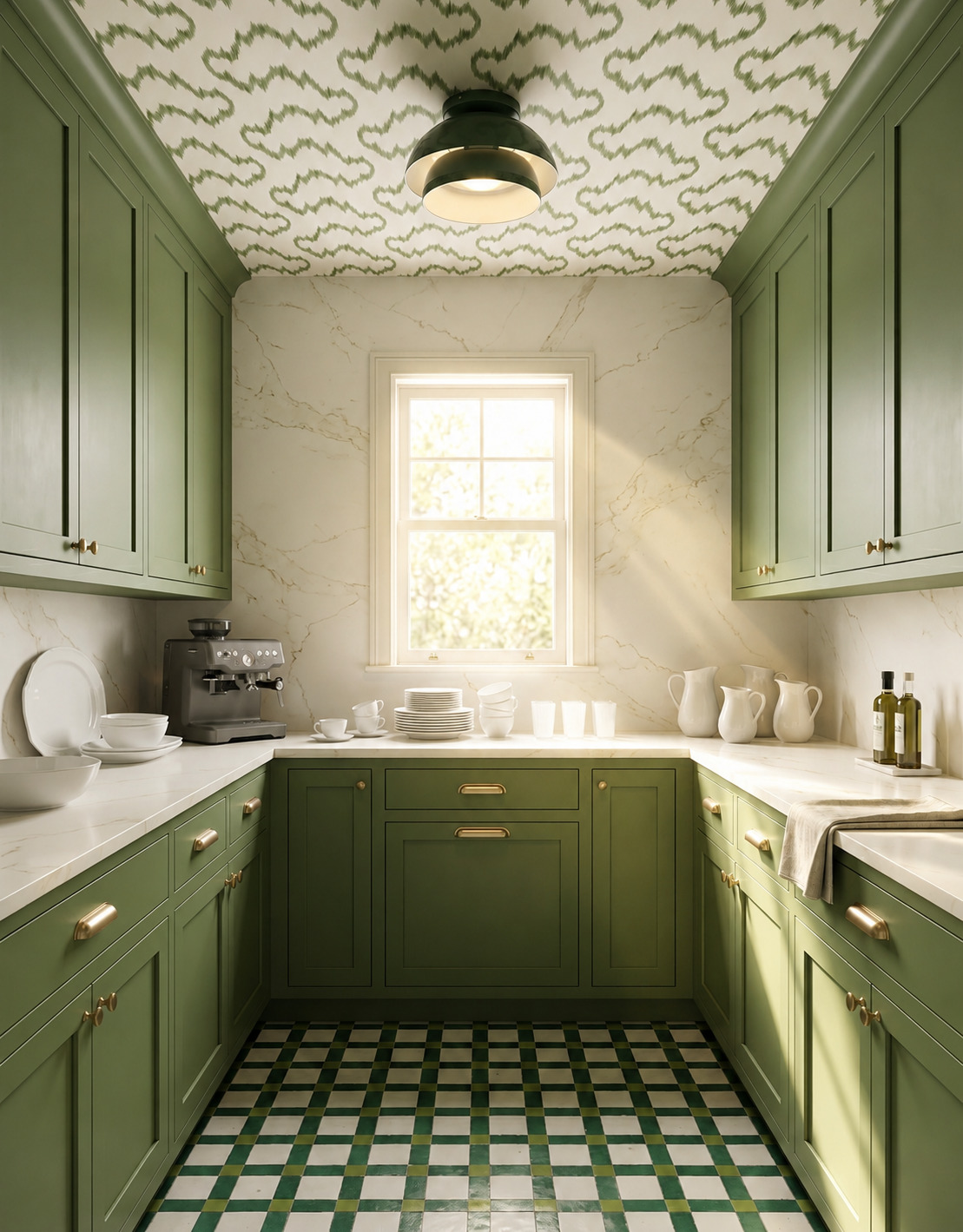 Sage-green pantry with a green-and-cream wavy ceiling, pale veined window wall and counters, and a green checked floor.