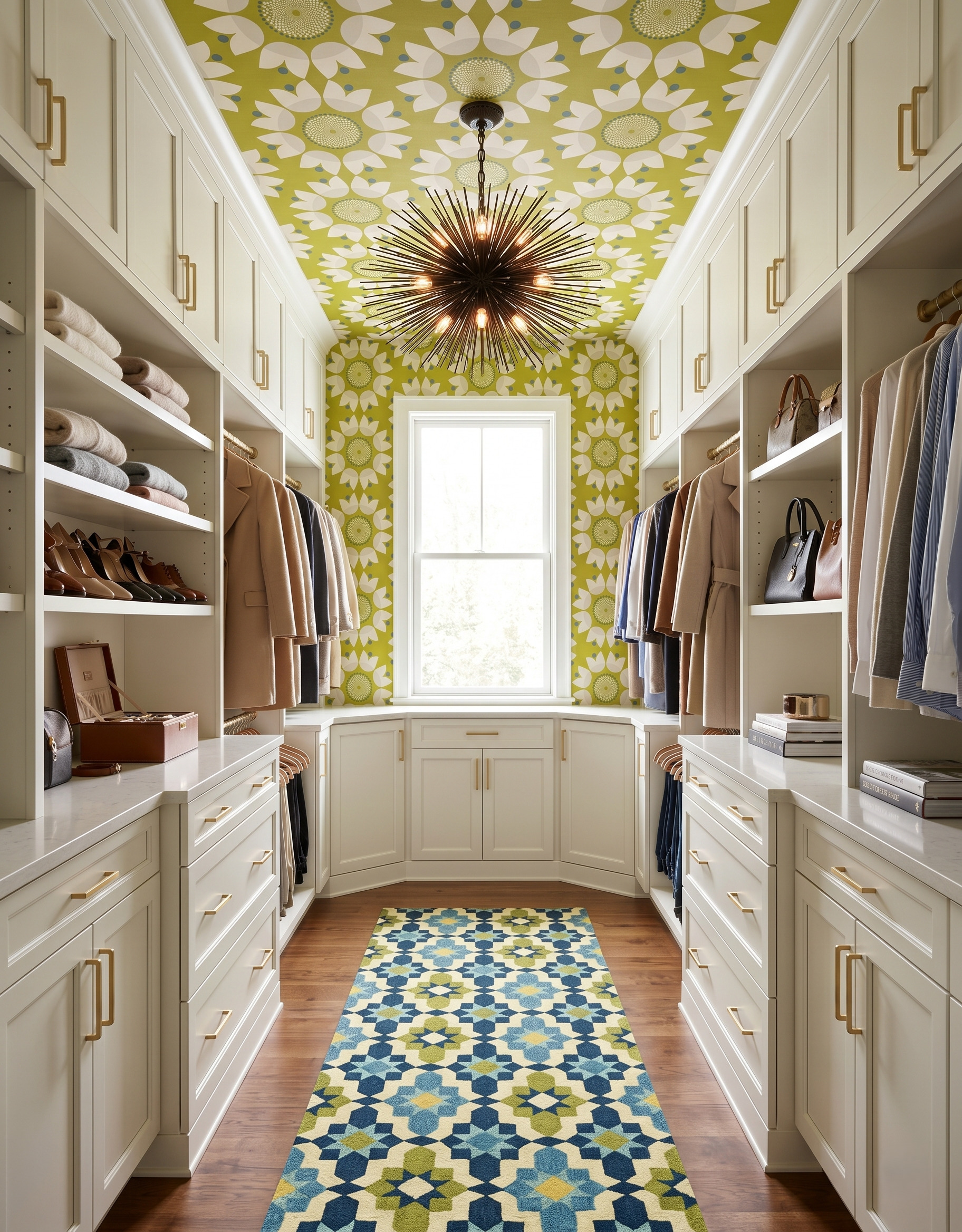 Teal, navy and citron geometric runner in a creamy white closet with sunflower wallpaper around the rear window and a black spiked ceiling light.