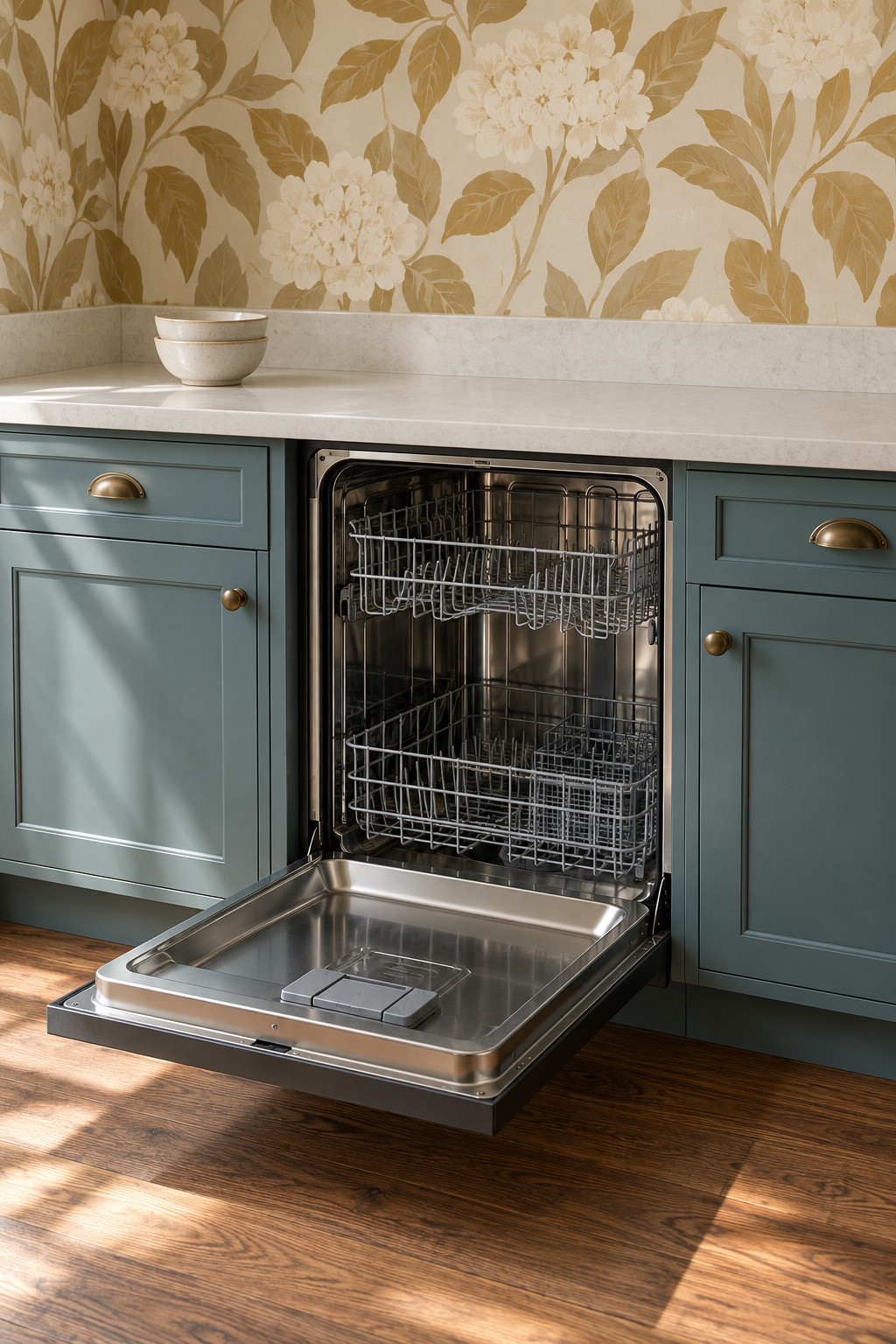 Generated kitchen concept with an open dishwasher in a dry undercounter bay between teal cabinets; two racks remain inside the tub and the attached door occupies the floor in front.