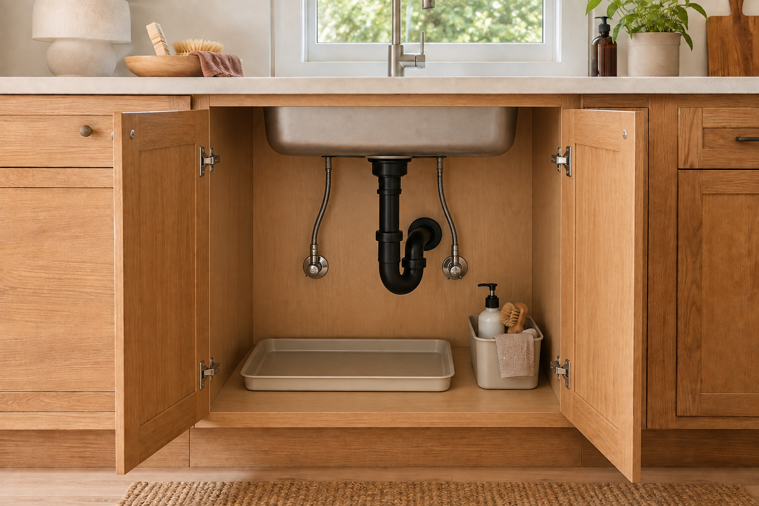 Open sink cabinet with a connected P-trap, accessible shutoffs, a removable leak tray, and a small cleaning caddy kept clear for service.
