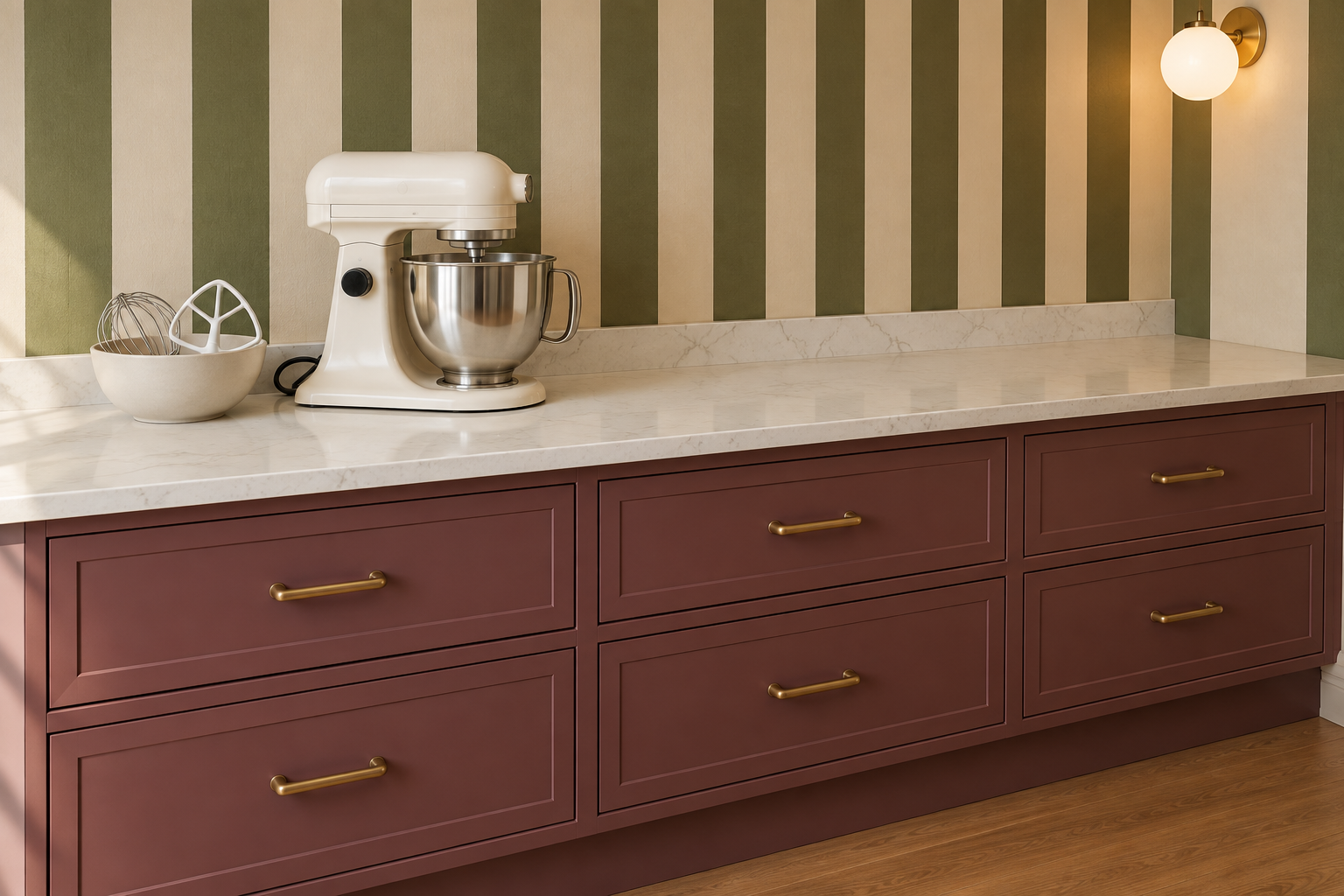 Generated small-appliance parking concept with a plain ivory stand mixer, attachments and open counter space above muted berry drawers.
