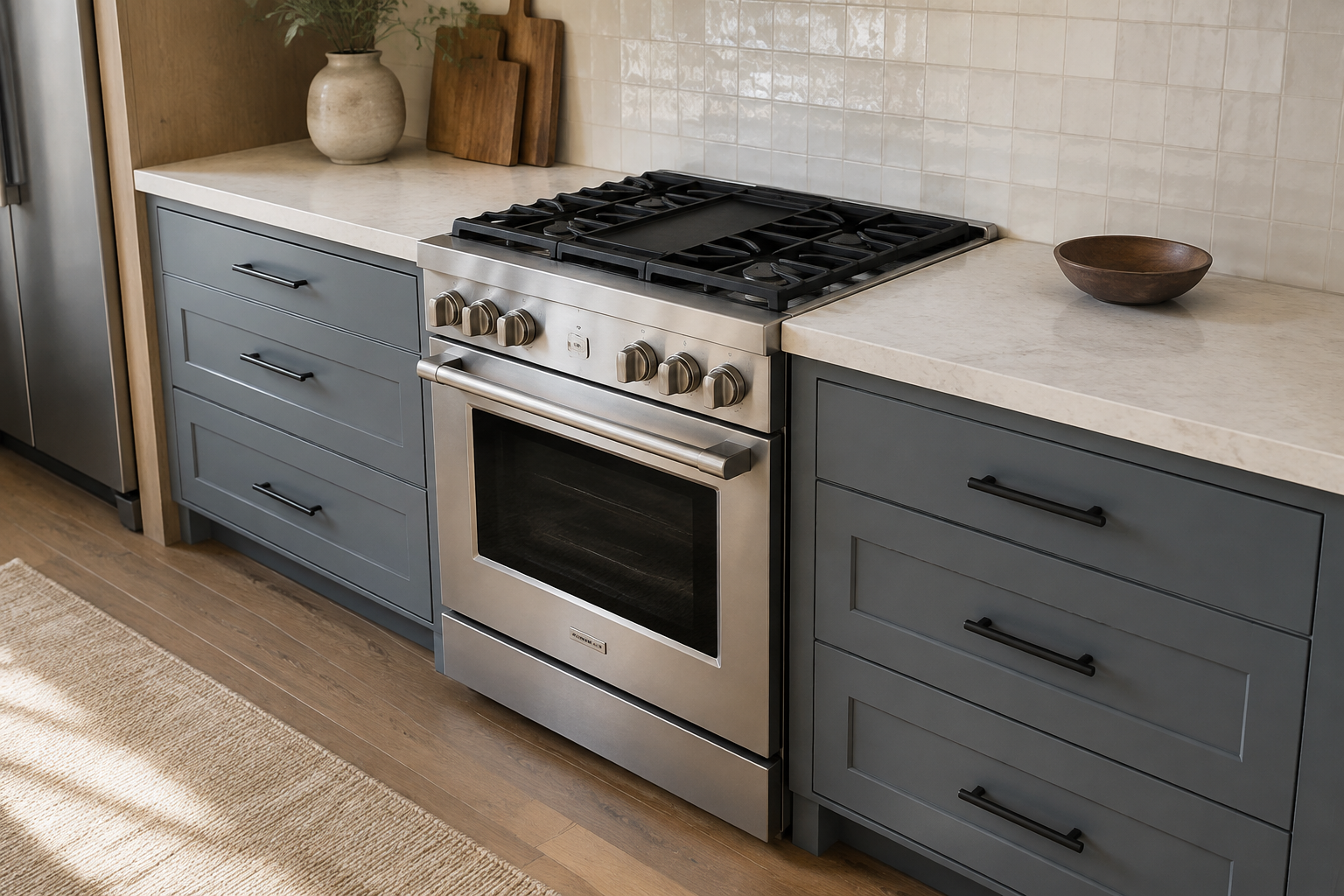 Real slide-in range sitting square between two fully supported pale-stone countertop sections with even side gaps and a clear front aisle.