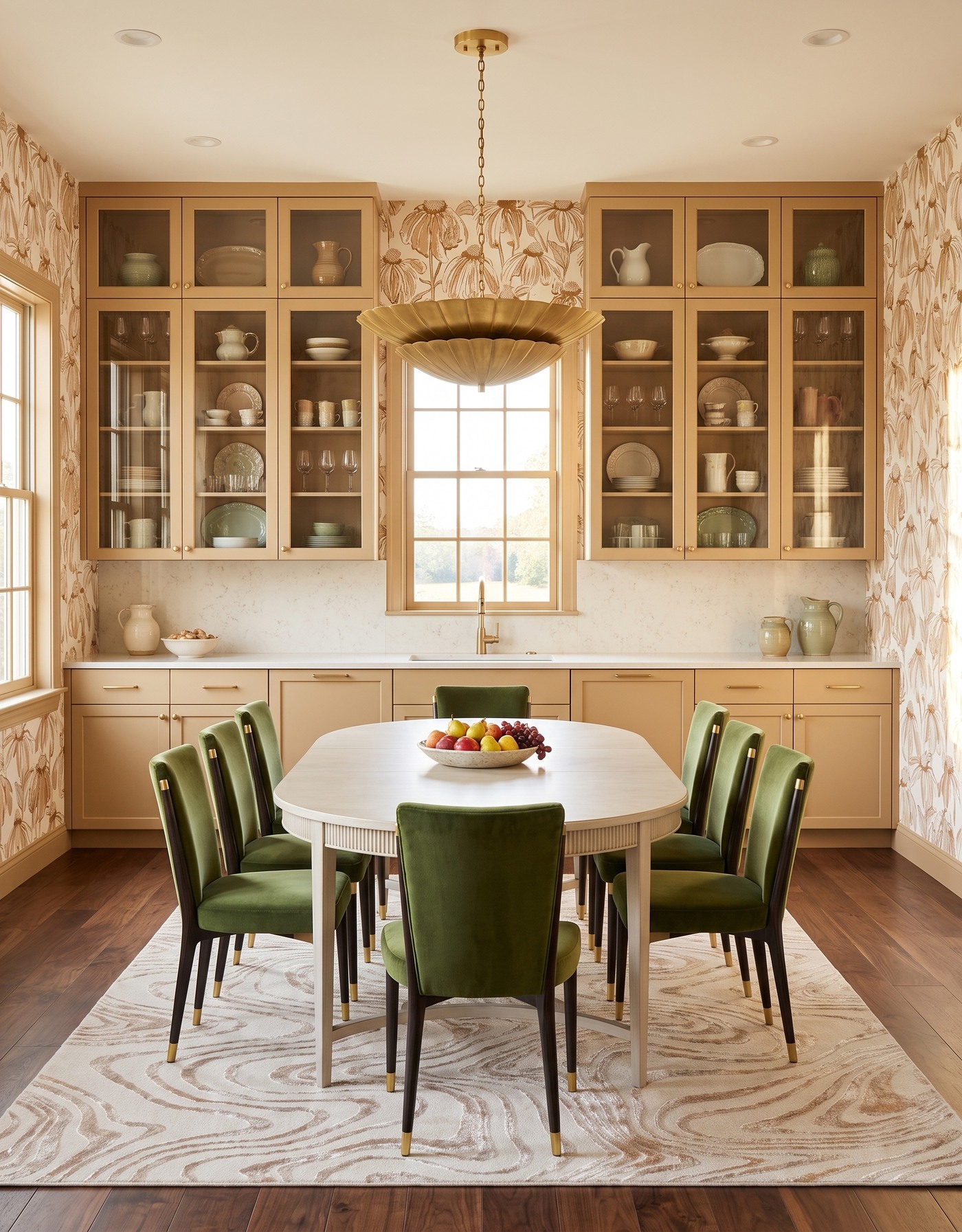 AI-created concept: Golden kitchen cabinetry with camel floral wallpaper, olive chairs, a pale oval table and a deeper wood floor.