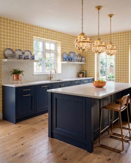 A sunny blue kitchen showing a complete palette and layout direction.