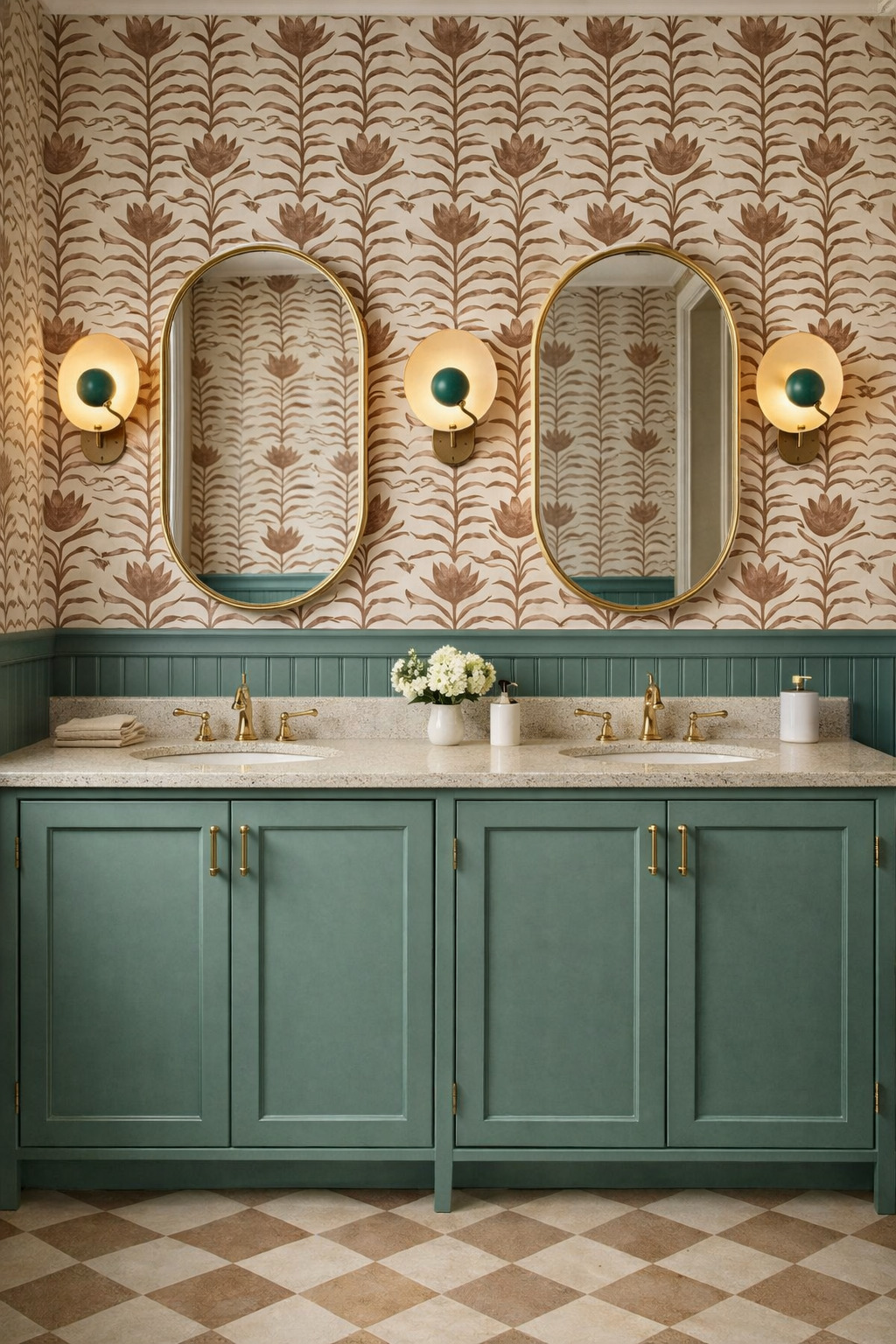 Muted blue-green double vanity with matching wall paneling, brown botanical wallpaper, oval gold mirrors and tan-and-cream checked flooring.