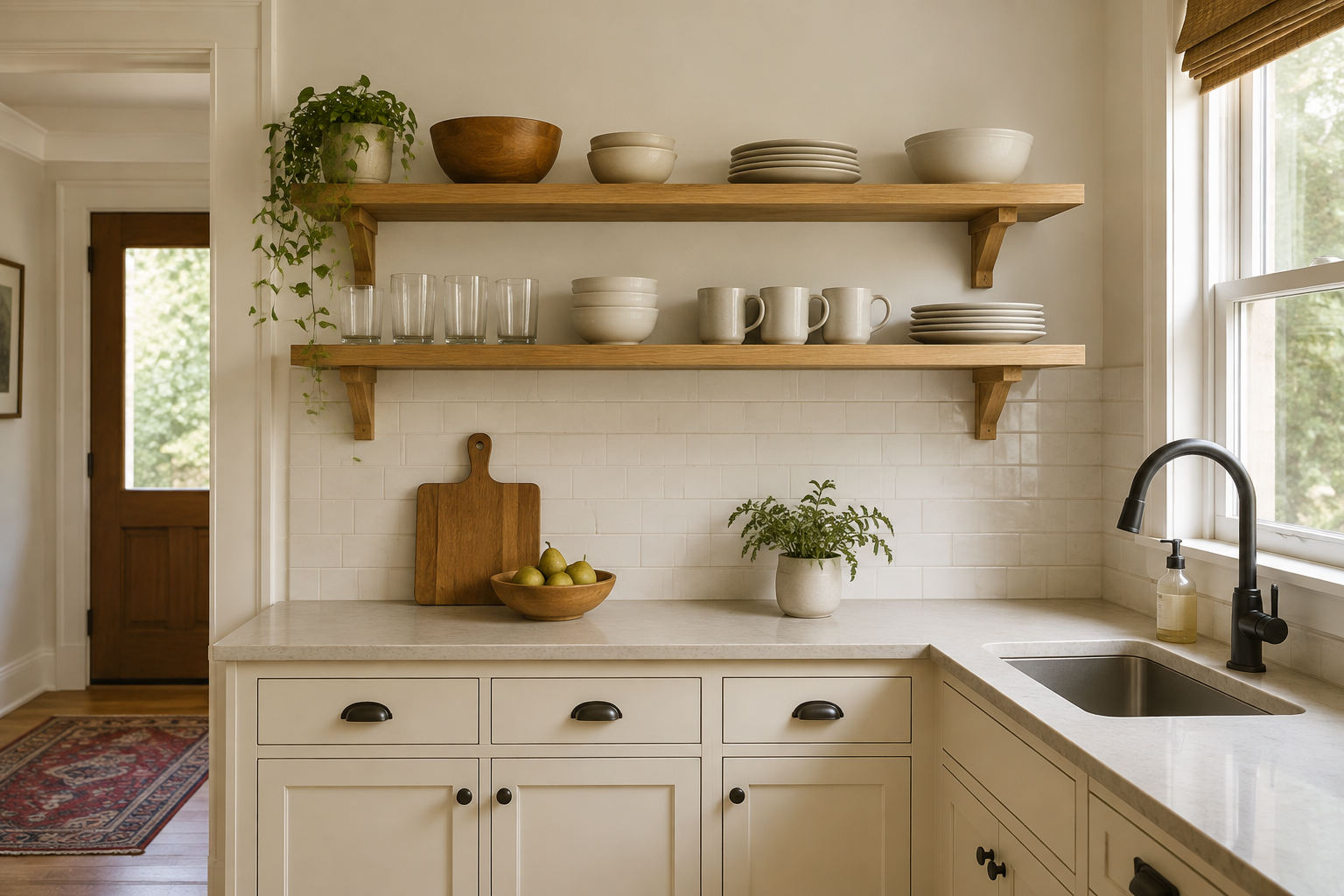 Two supported oak kitchen shelves holding a modest everyday inventory of plates, bowls, mugs, and glasses.