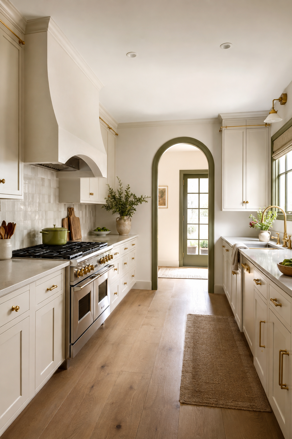 A warm-white kitchen repeating gentle arches in its vent hood and doorway while keeping the aisle clear.