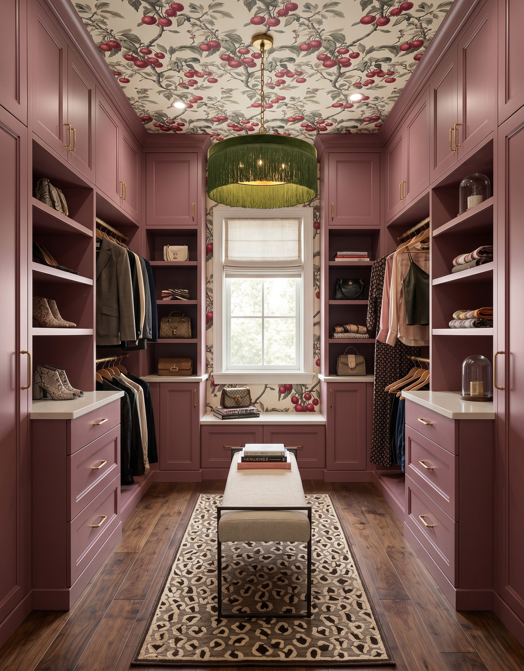 Dusty-berry closet with cherry-patterned wallpaper around an end window and across the ceiling, an olive fringed pendant and a narrow cream bench.
