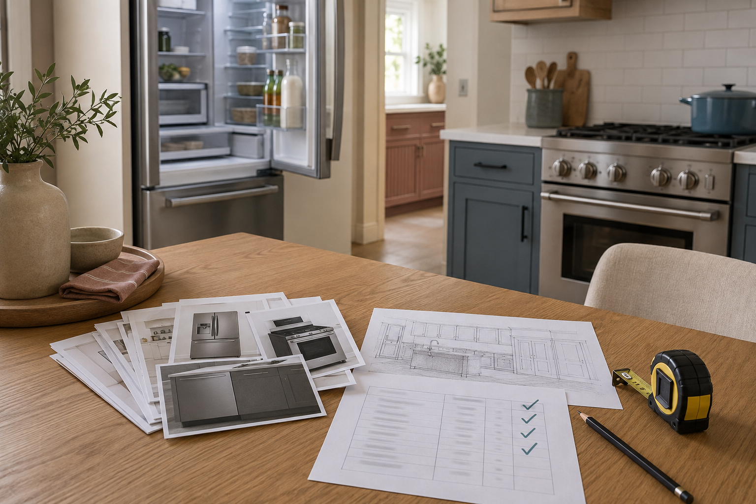 Appliance photos, kitchen elevation, schedule, tape measure, and verification marks on a table.