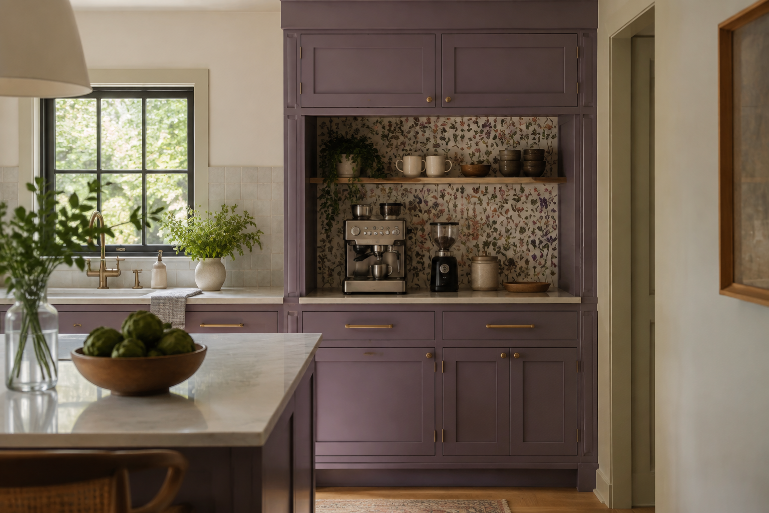 Muted purple coffee station with a bounded botanical-pattern backsplash niche.