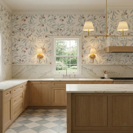 A light-oak kitchen with broad lower cabinetry suited to deep storage drawers.