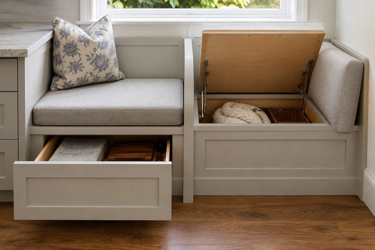 One banquette section uses a front drawer while a separate seat uses a supported hinged lid, showing two realistic storage-access methods.