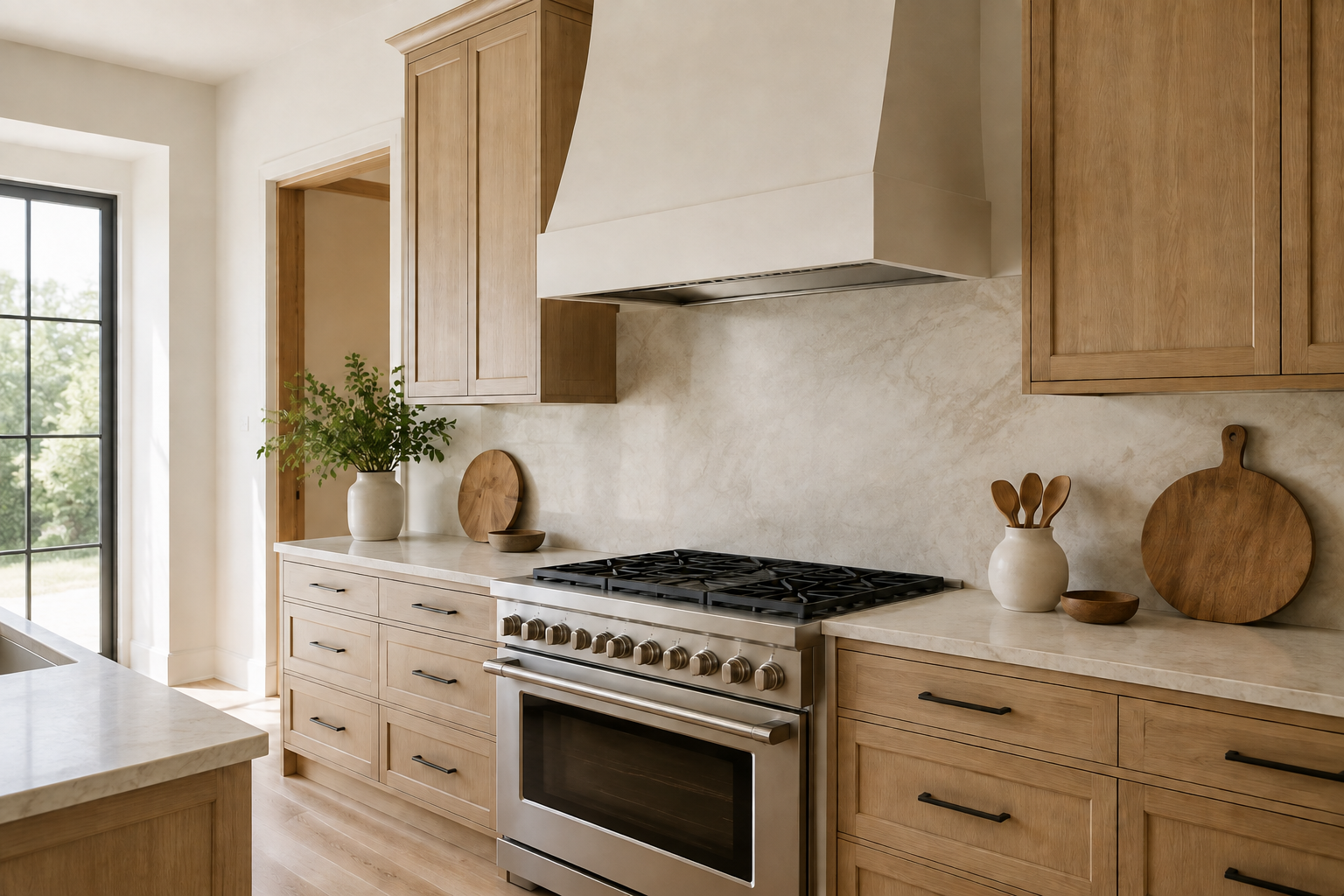 Blank unbranded range and simple hood seen from the side with open sightlines and aligned surrounding cabinets.