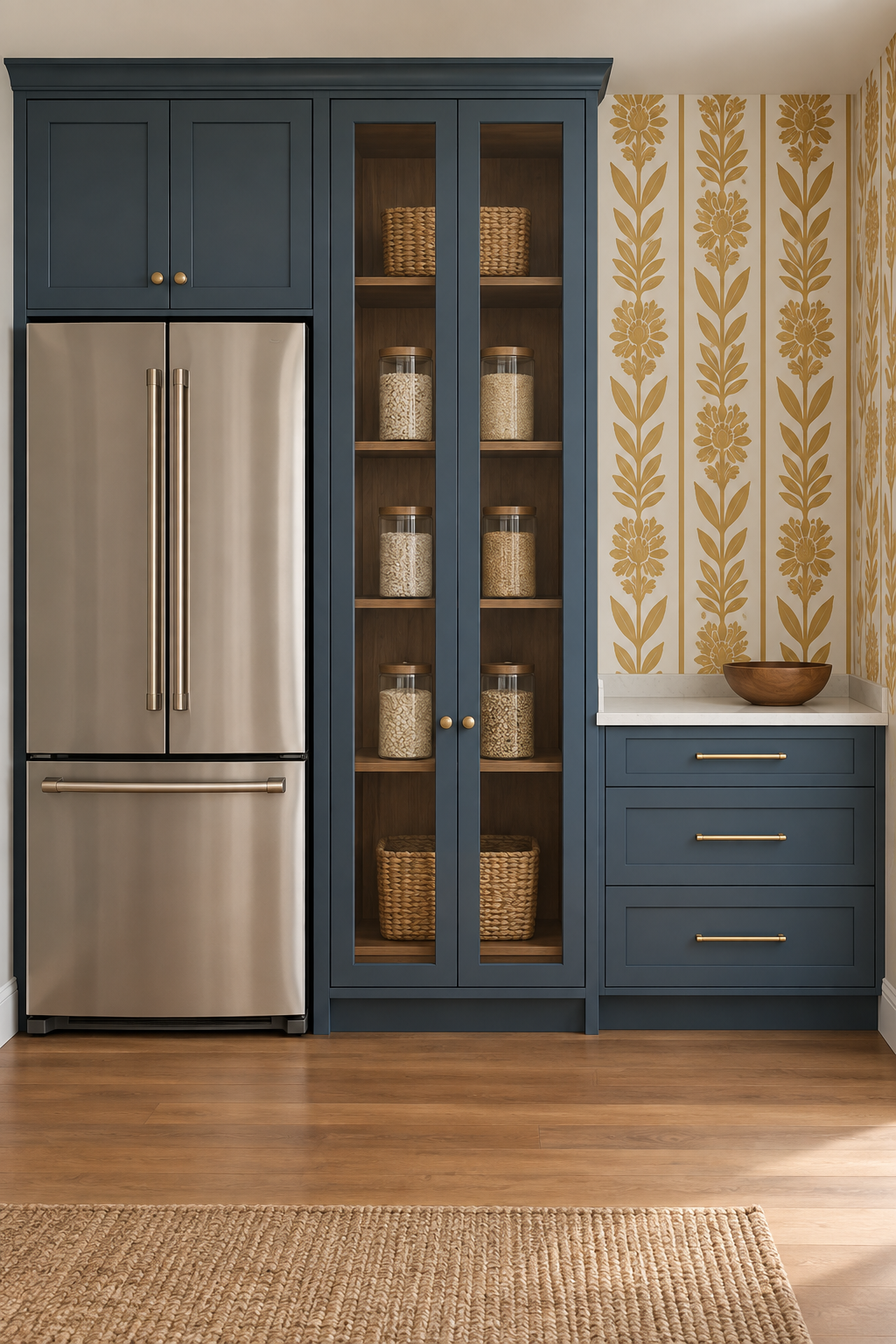 Generated kitchen concept grouping a refrigerator, a closed glass-front pantry containing plain jars and baskets, and a small sorting counter in ink-blue cabinetry.
