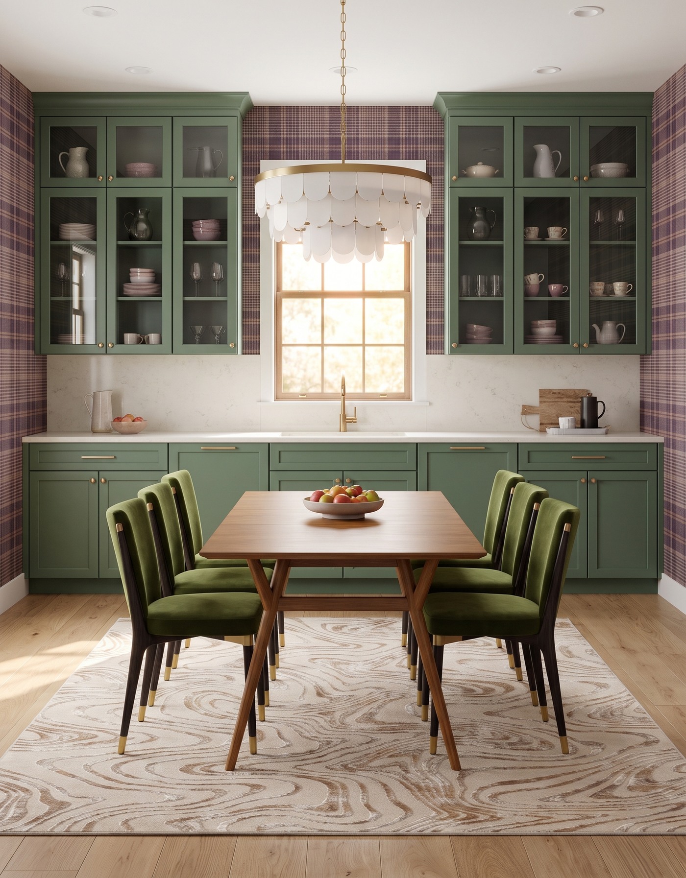 AI-created concept: Moss-green kitchen with plum plaid wallpaper, olive upholstered dining chairs and a pale scalloped pendant.