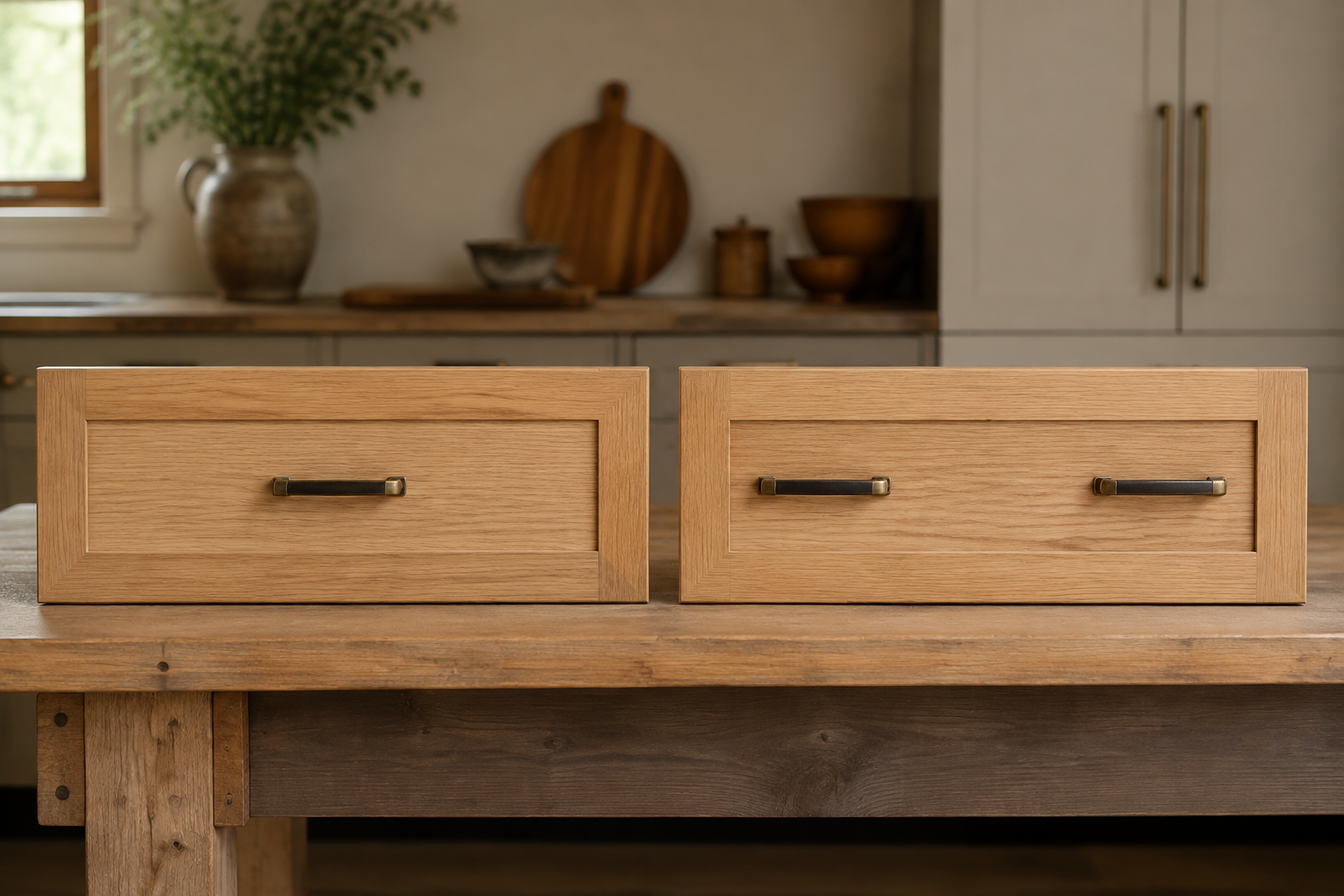 Wide kitchen drawers comparing one centered pull with a balanced pair of pulls on adjacent sample fronts.