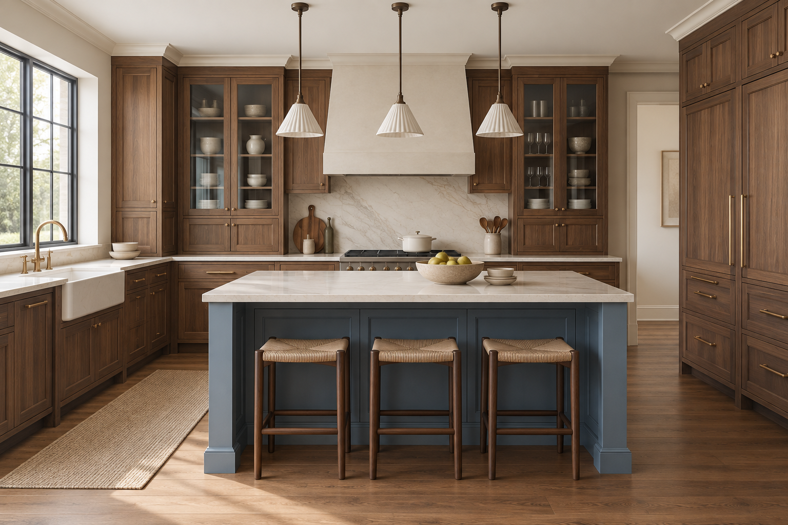 Walnut kitchen with a dusty blue island, three woven-seat stools and three pleated cream ceramic cone pendants.
