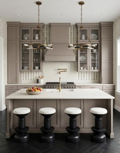 A gray-and-taupe modern kitchen with glass-front cabinets and black details.