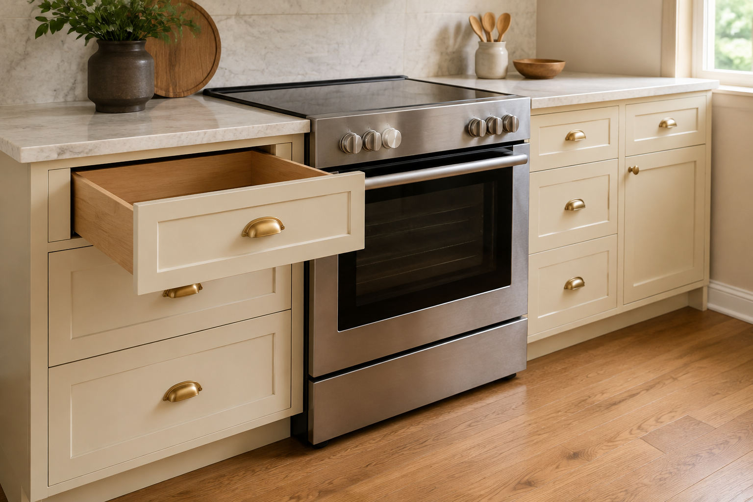Closed range beside one fully open drawer whose front and pull clear the appliance and oven handle.