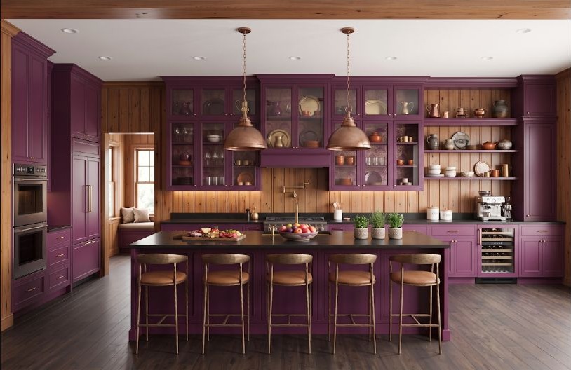 A moody kitchen built around deep plum cabinetry and related warm tones.