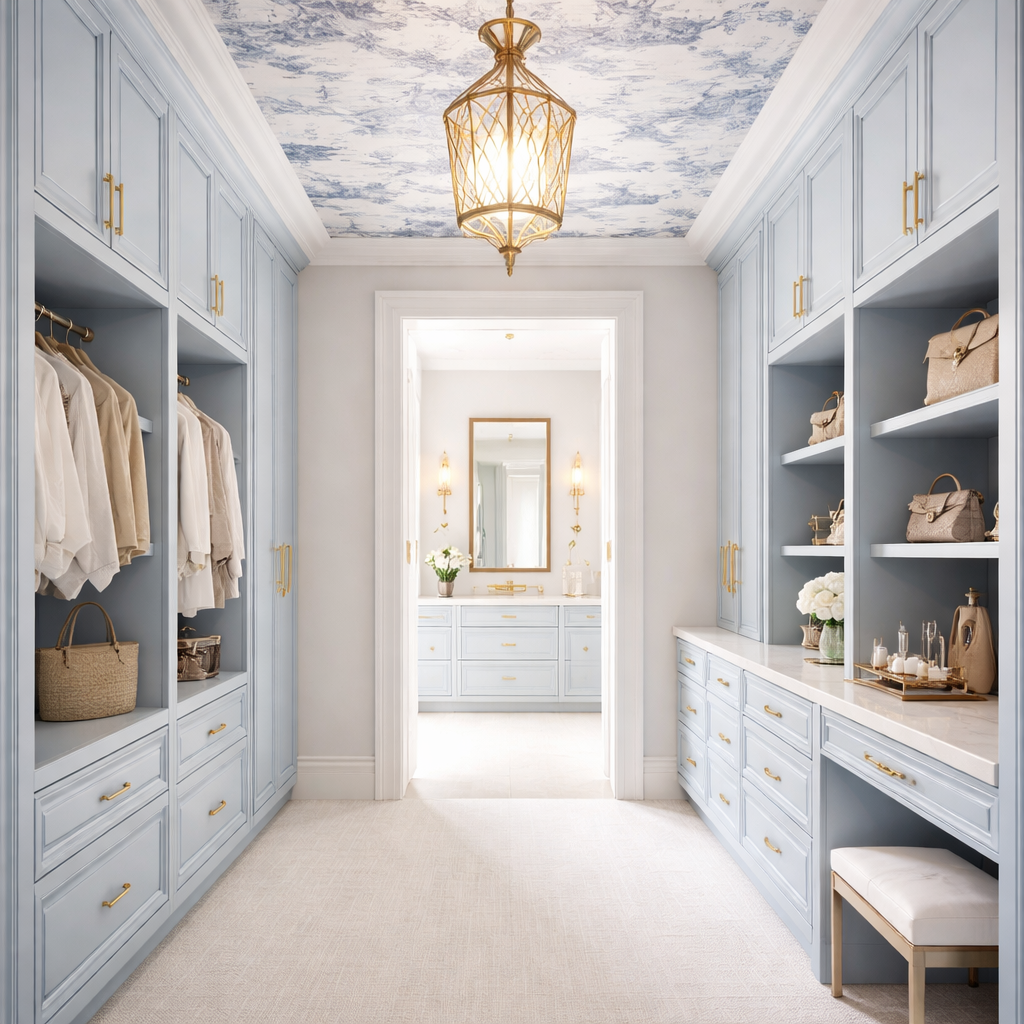 A powder-blue pass-through closet with cabinetry on both sides, open hanging and shelf bays, closed drawers, and a clear route to a vanity.