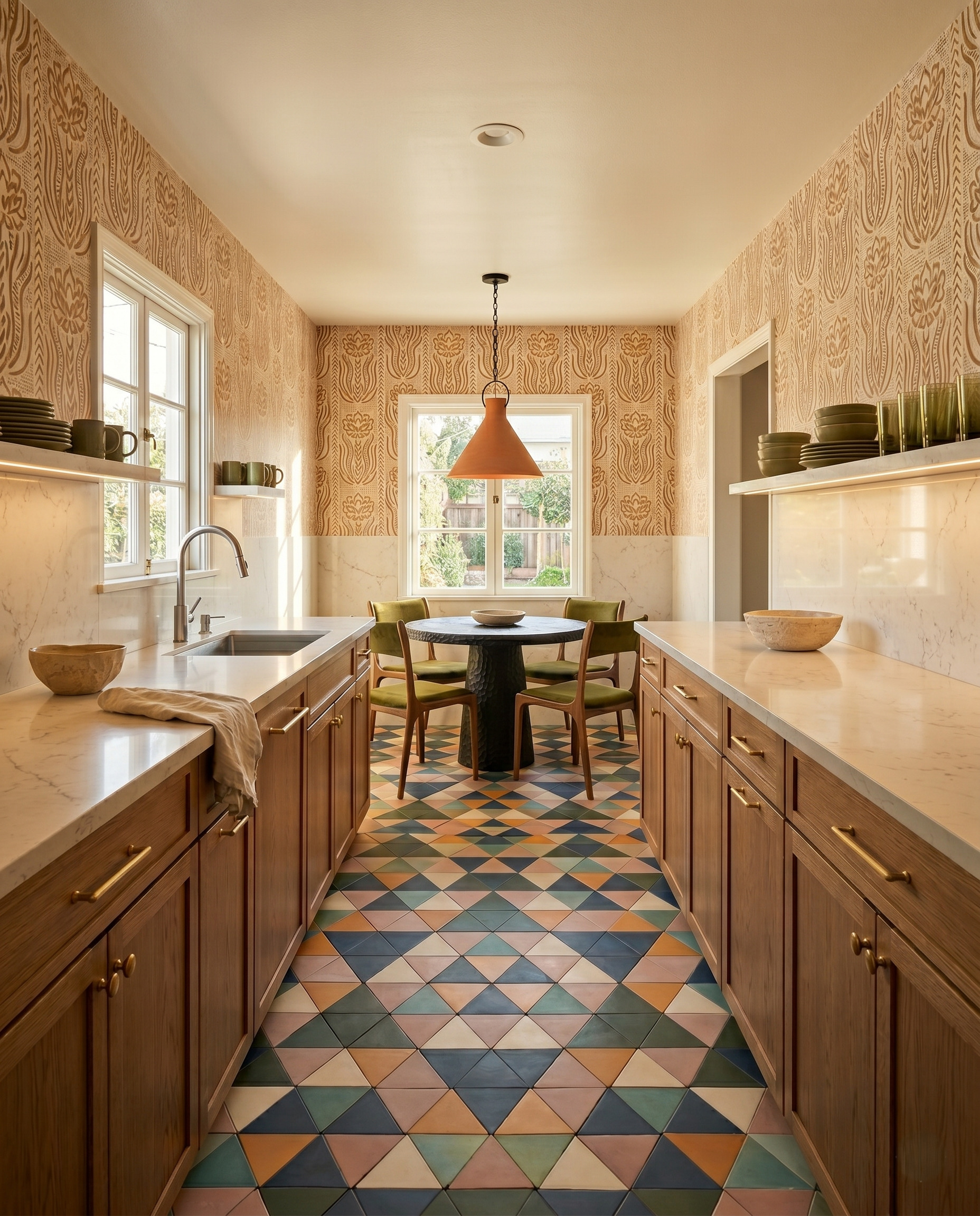 Warm wood galley cabinets frame a floor of muted blue, green, clay and cream triangles, with a black round table and rust pendant at the far end.